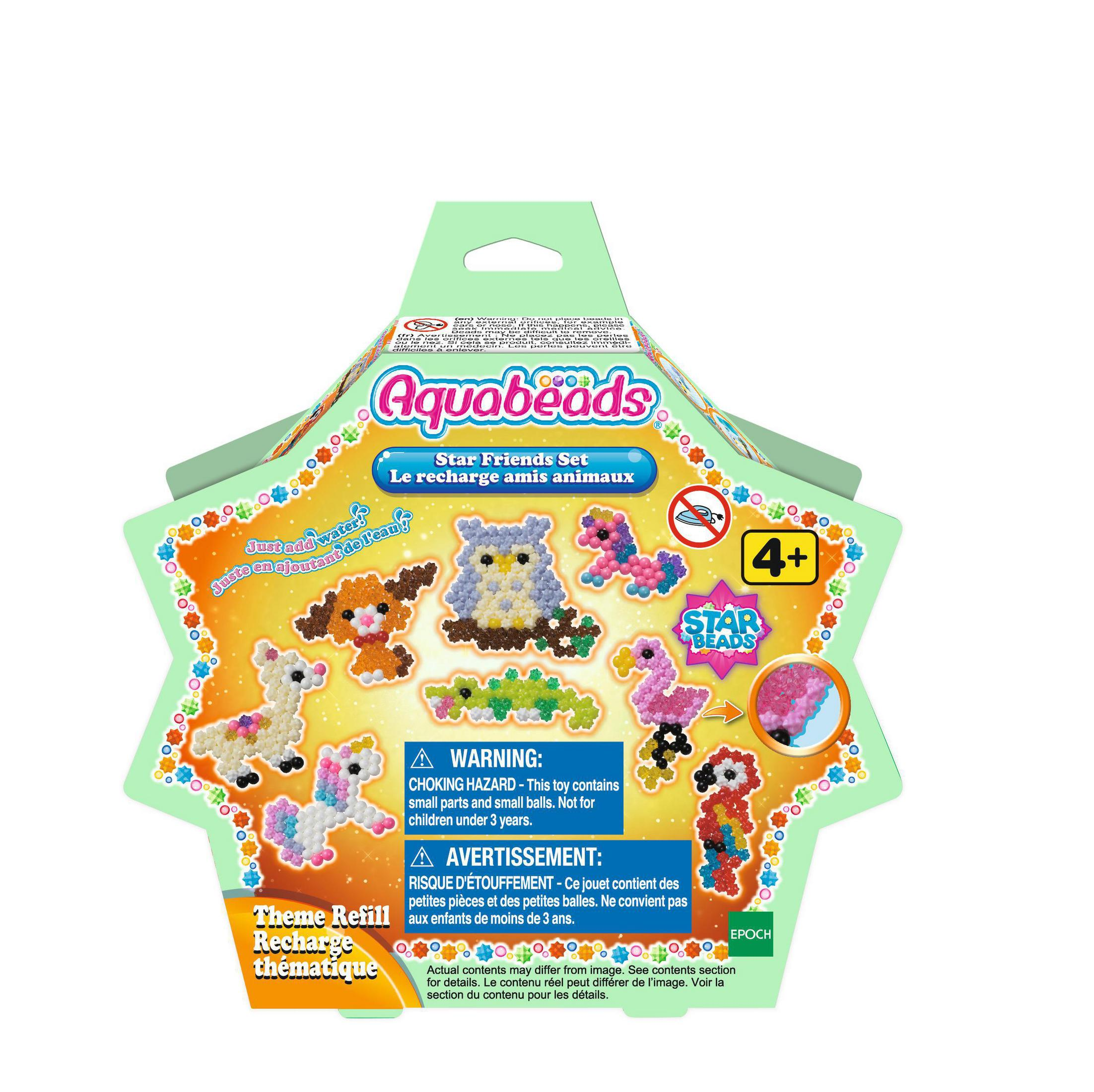 Aquabeads-Box, sternförmig, mit Tierperlen und Anleitungen. Warnhinweise enthalten.