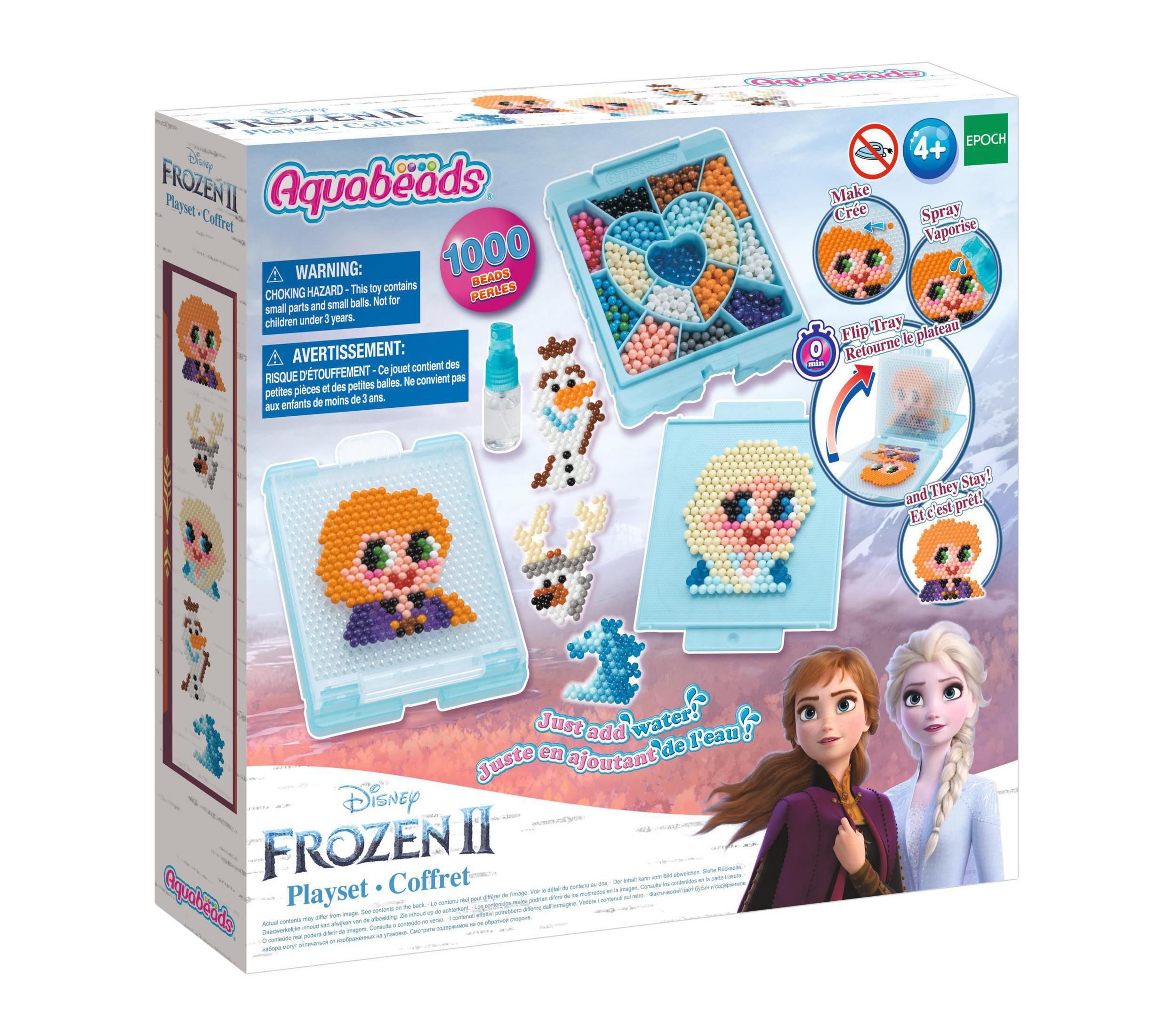 Frozen 2 Aquabeads-Set mit Anna und Elsa auf der Box sowie verschiedenen Perlen und Zubehör.