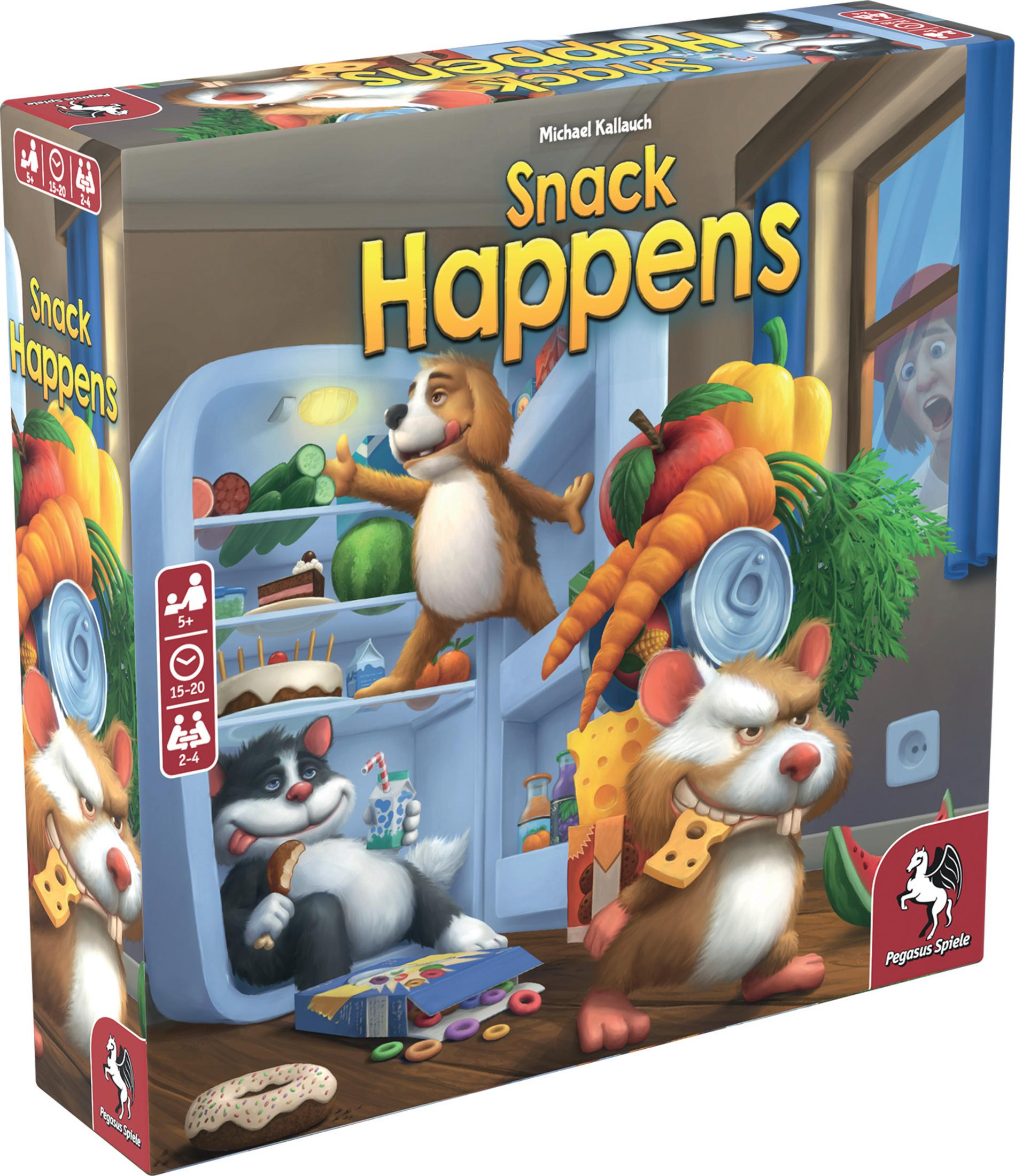 Scatola di gioco con animali dei cartoni animati in un frigorifero. Il nome del gioco è "Snack Happens".