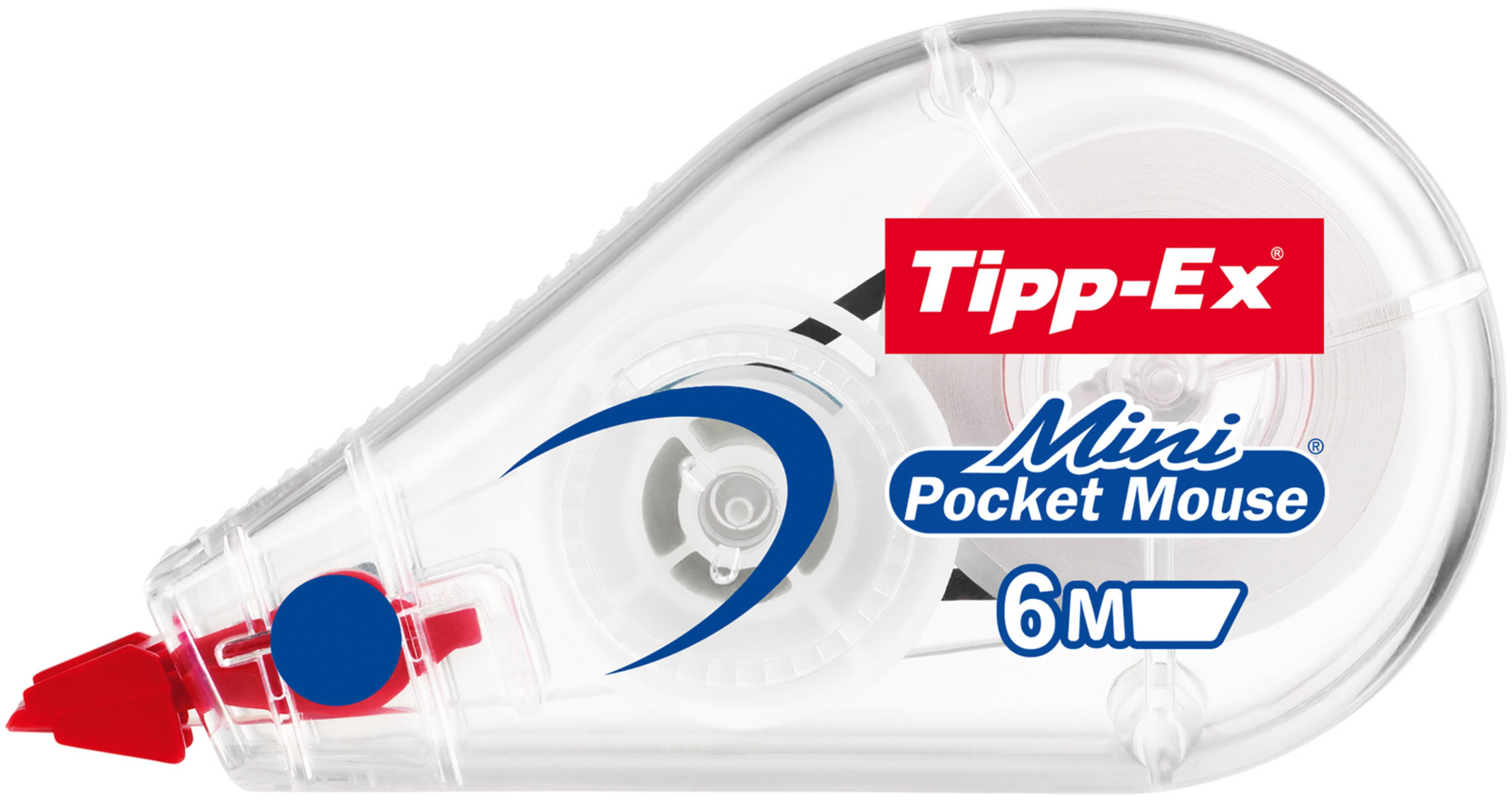 Tipp-Ex Mini Pocket Mouse, ein weißer Korrekturband-Spender mit roten und blauen Details.