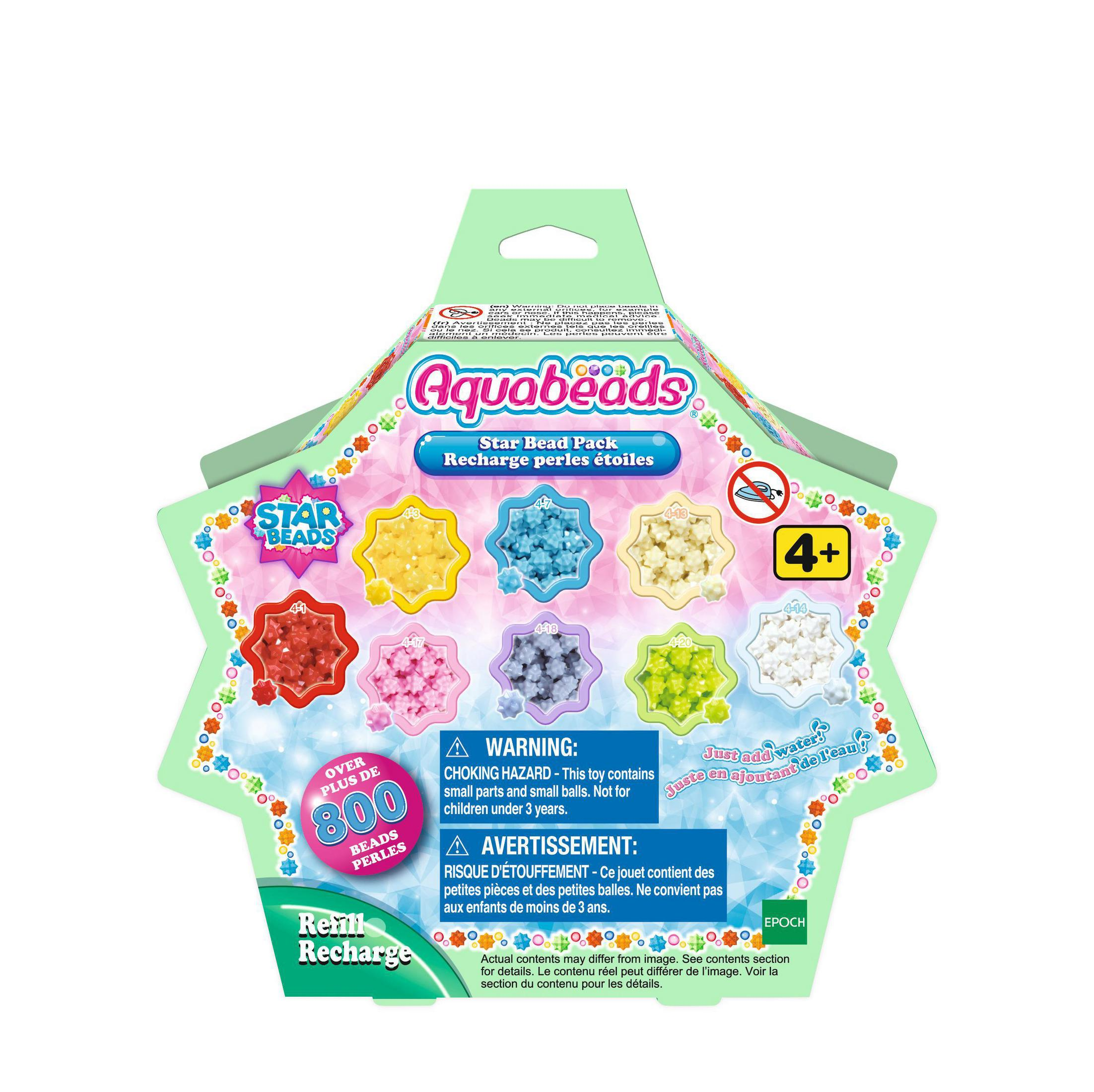 Confezione di perline a stella Aquabeads con perline colorate, scatola con avvertenze, sfondo bianco.