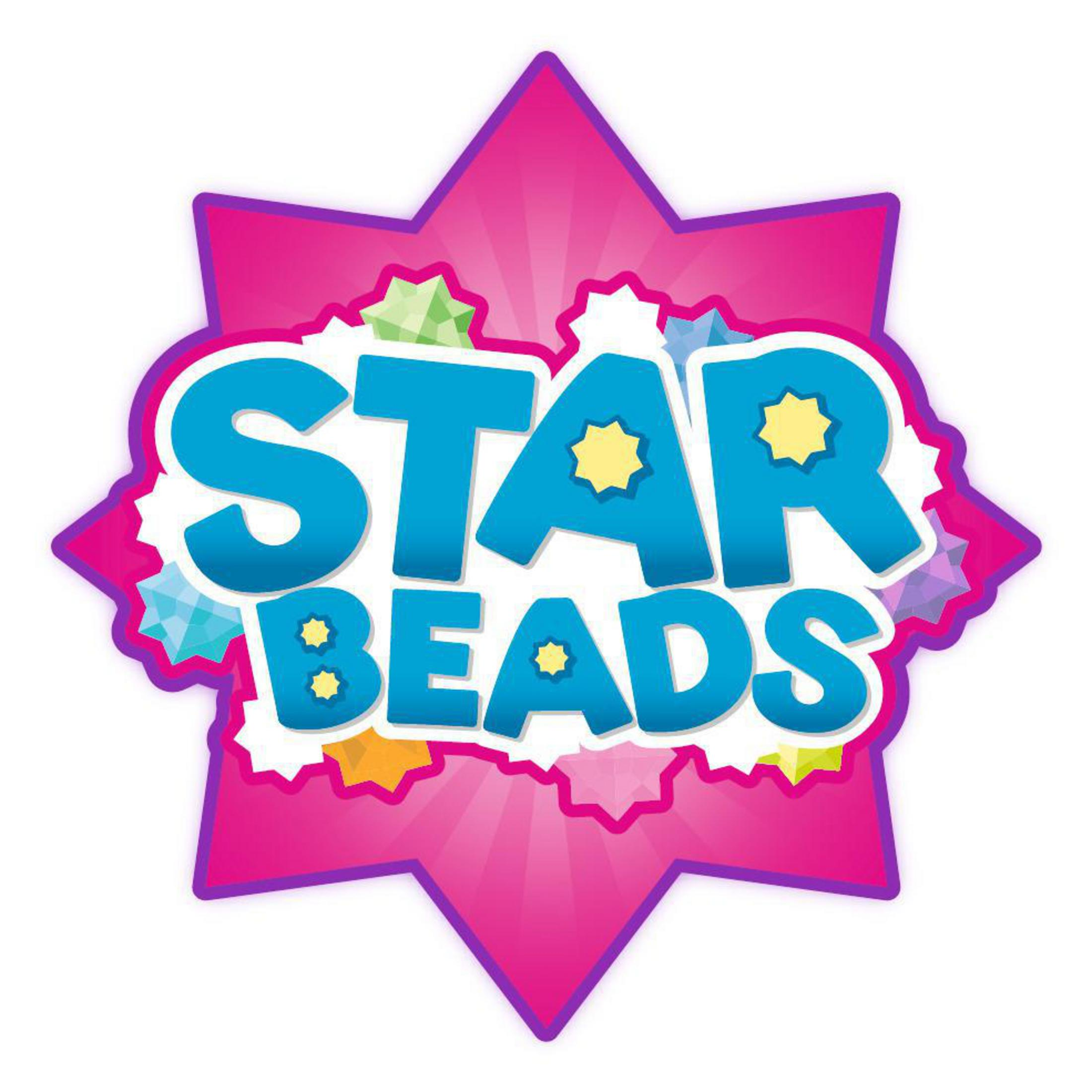 Il logo Star Beads, con testo blu e una stella rosa con un contorno viola.