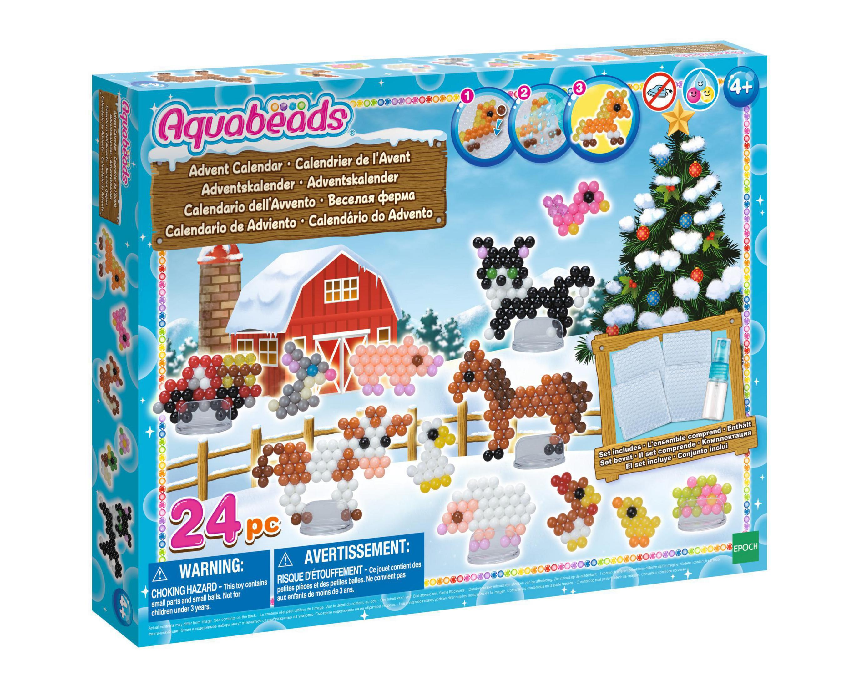 Ein farbenfroher Aquabeads Adventskalender mit Bauernhoftieren und einem Weihnachtsbaum.