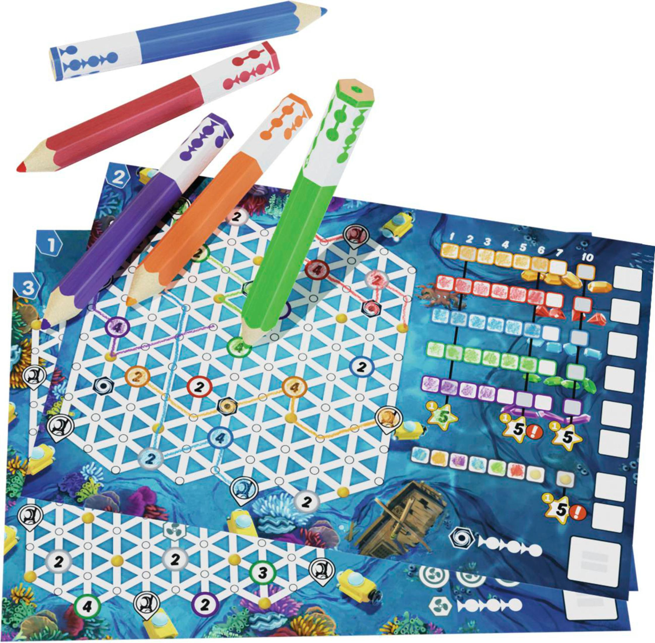 Gioco da tavolo con matite colorate e tabelloni. Testo: tema subacqueo.