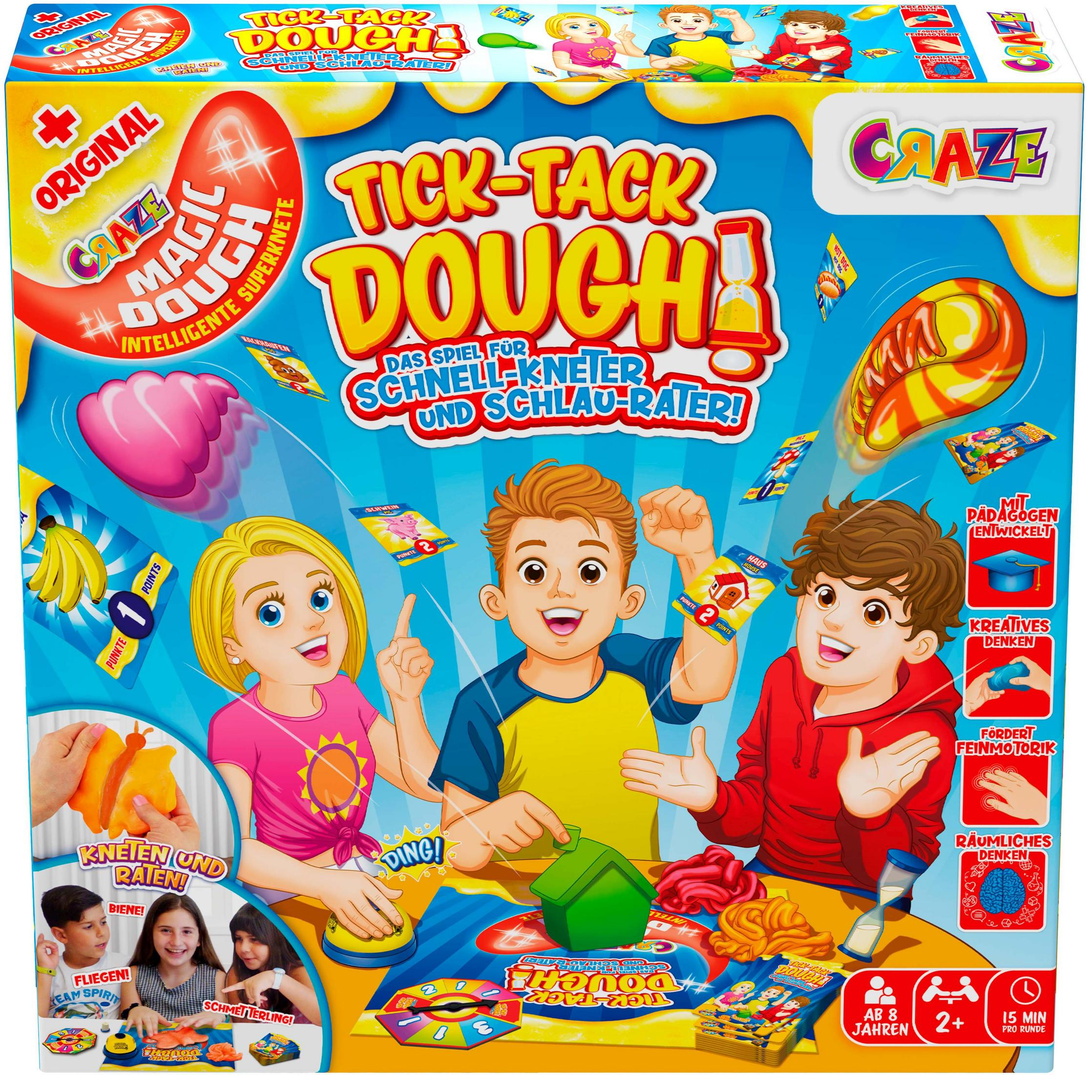 Tick-Tack Dough-Spielbox mit Kindern und Spielelementen. Die Box ist farbenfroh.