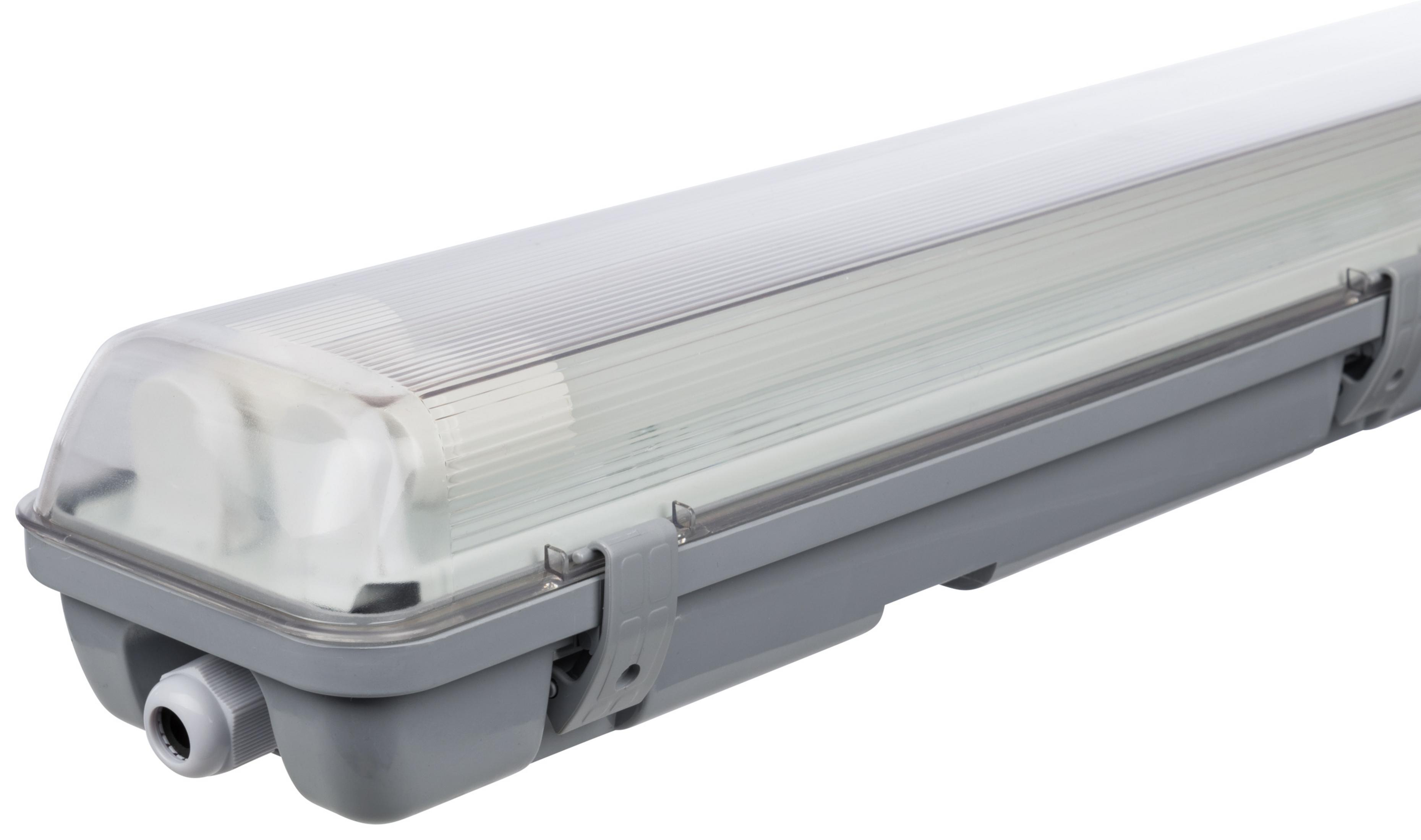 Apparecchio per illuminazione fluorescente rettangolare e lungo. Involucro grigio, copertura trasparente. Sfondo bianco.