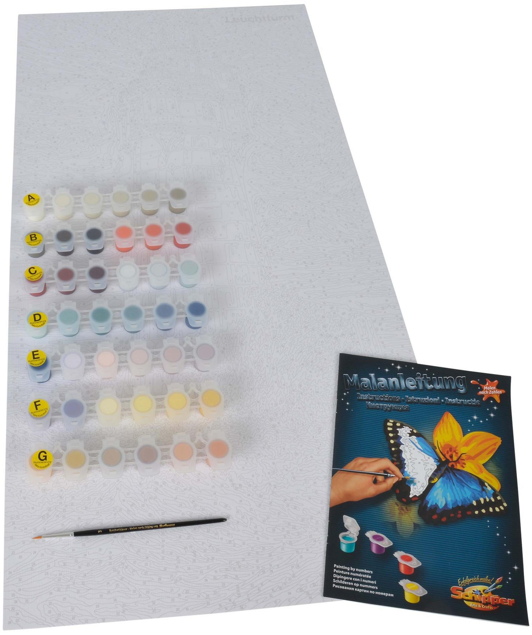 Kit di pittura con i numeri con colori, pennello e disegno di una farfalla.