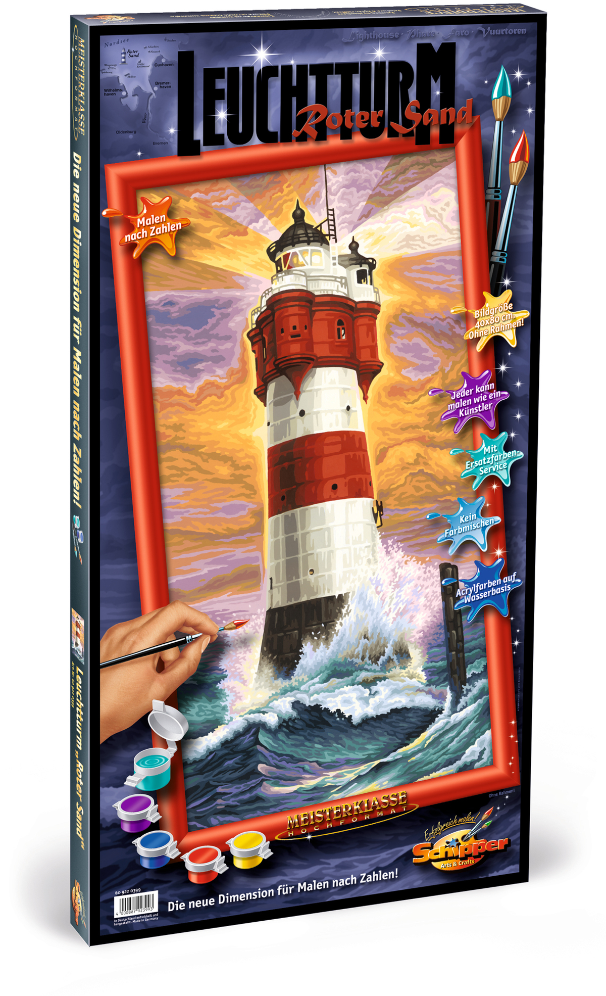 Scatola per kit di pittura numerica. Presenta una scena del faro con vasetti di vernice e pennelli.