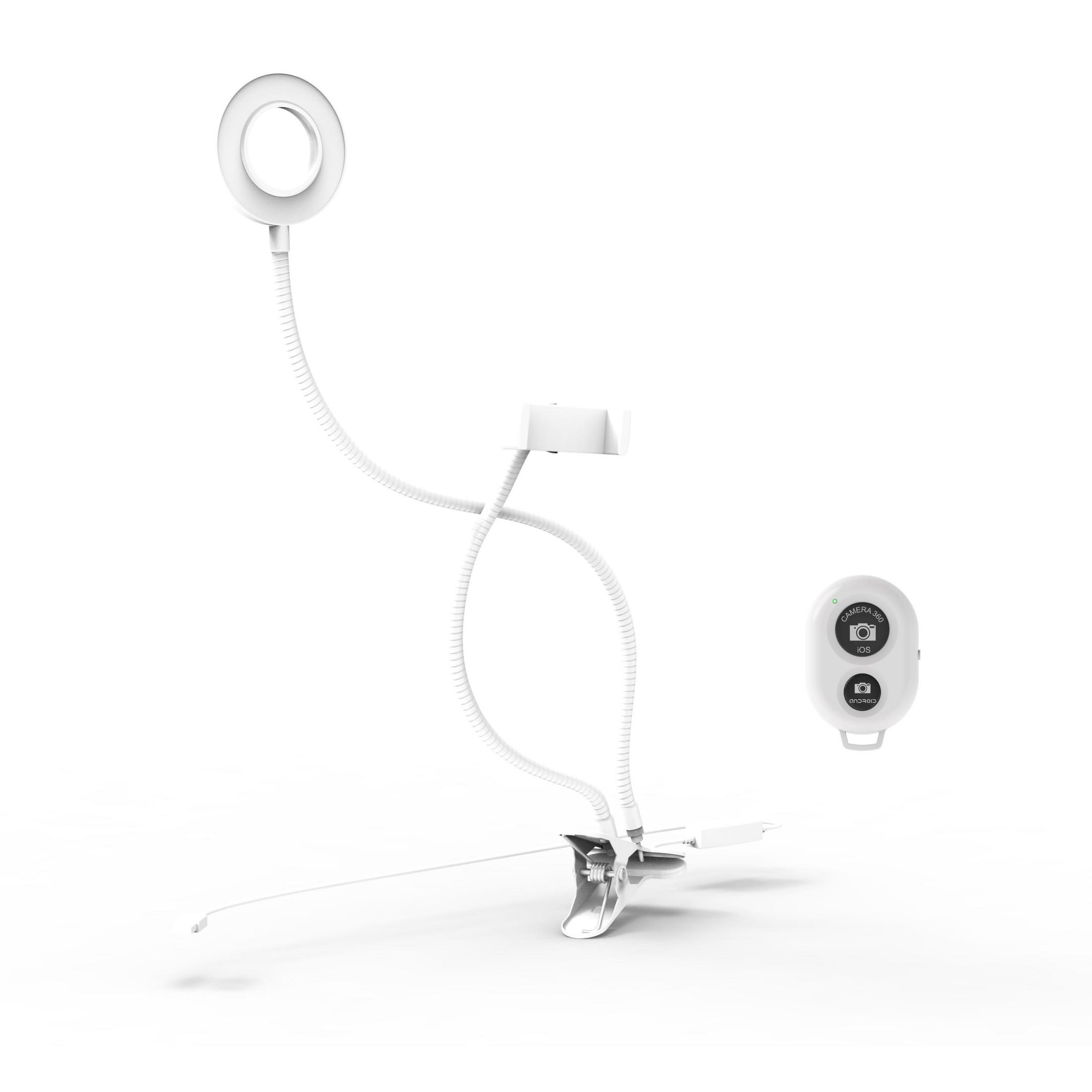 Biały elastyczny uchwyt na telefon z lampą pierścieniową i pilotem.