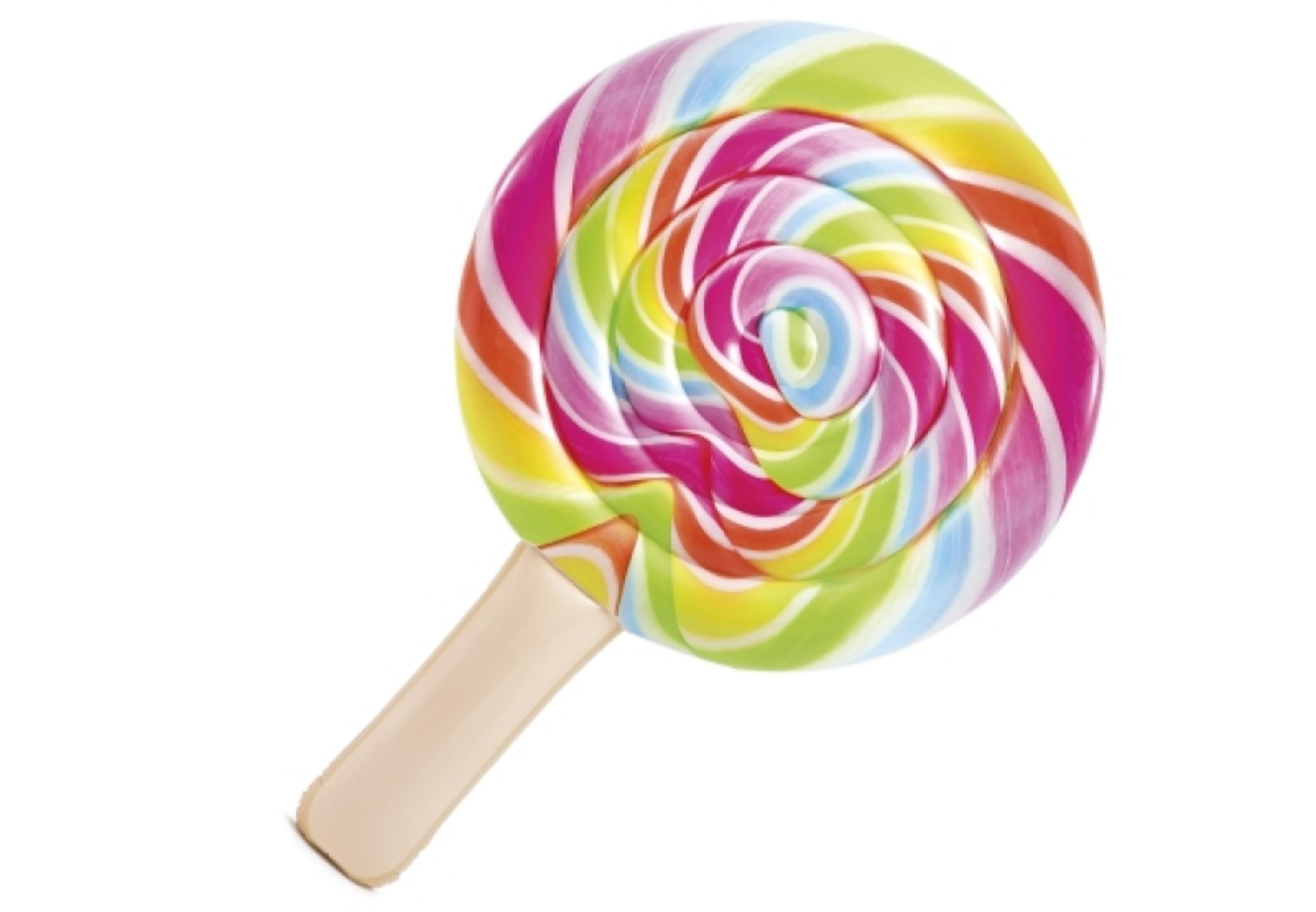 Un lecca lecca colorato su un bastoncino, con un design a spirale di colori arcobaleno su sfondo bianco.