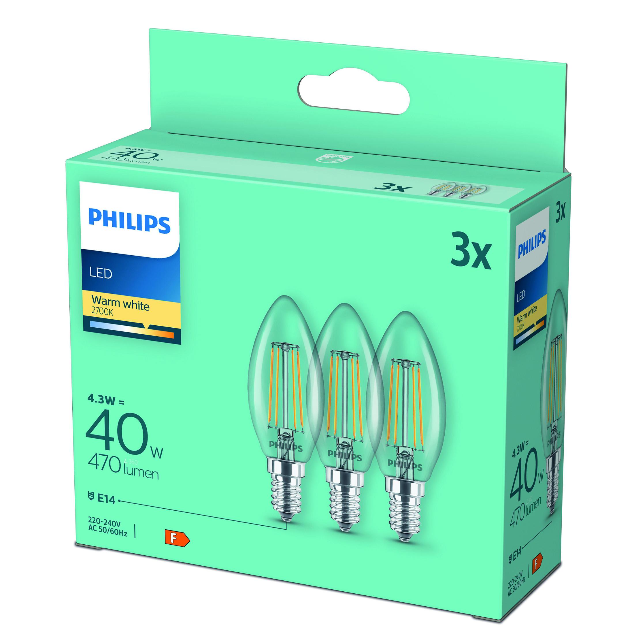 Packung mit Philips LED-Lampen: drei Lampen in der Packung. Die Box ist grün. Warmweiß 2700K.