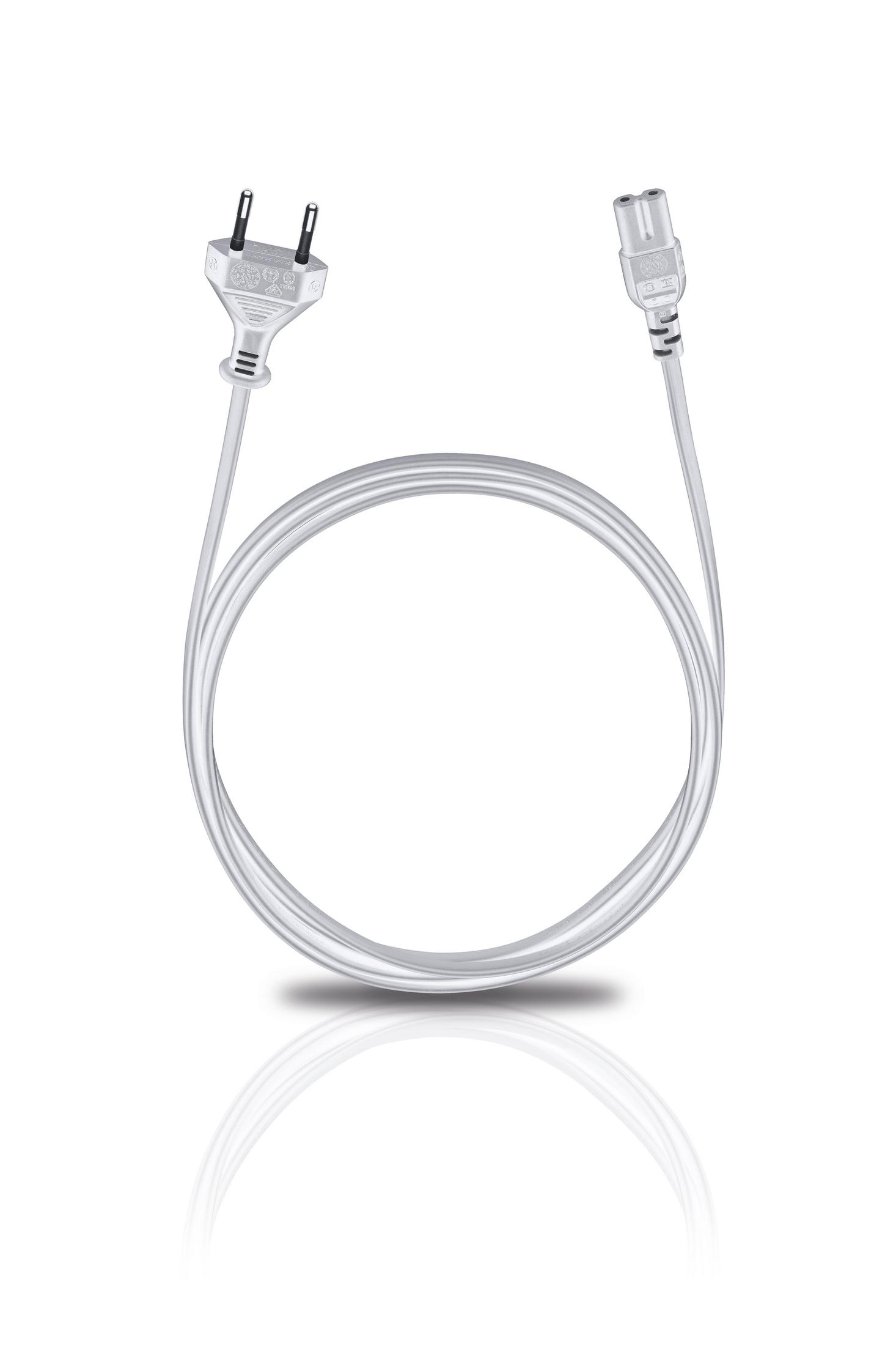 Ein weißes Netzkabel mit Stecker und IEC-Anschluss, das sich auf einer weißen Oberfläche spiegelt.