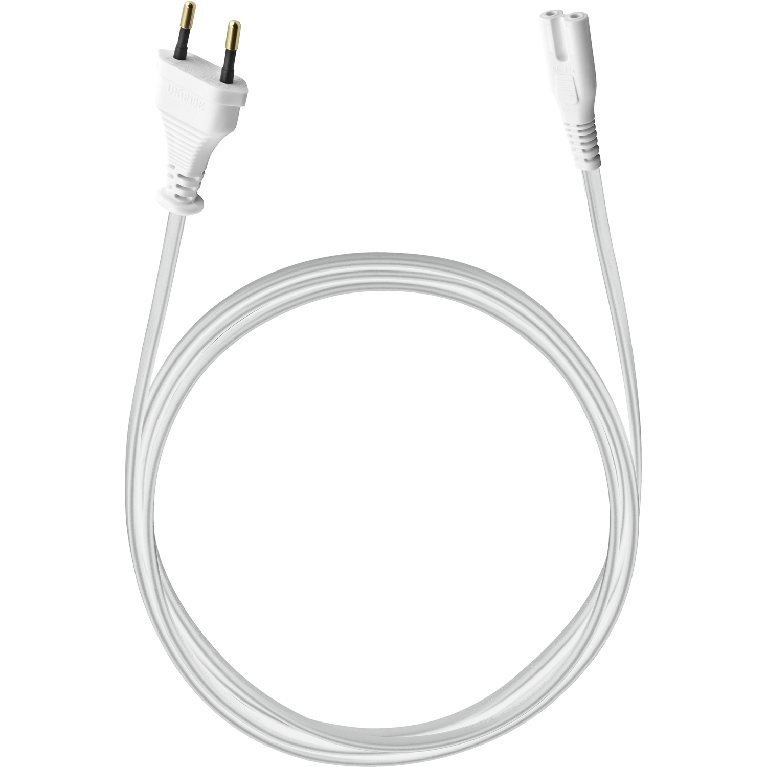 Weißes Stromkabel mit europäischem Stecker und Stecker, aufgerollt zu einem Kreis, auf schwarzem Hintergrund.
