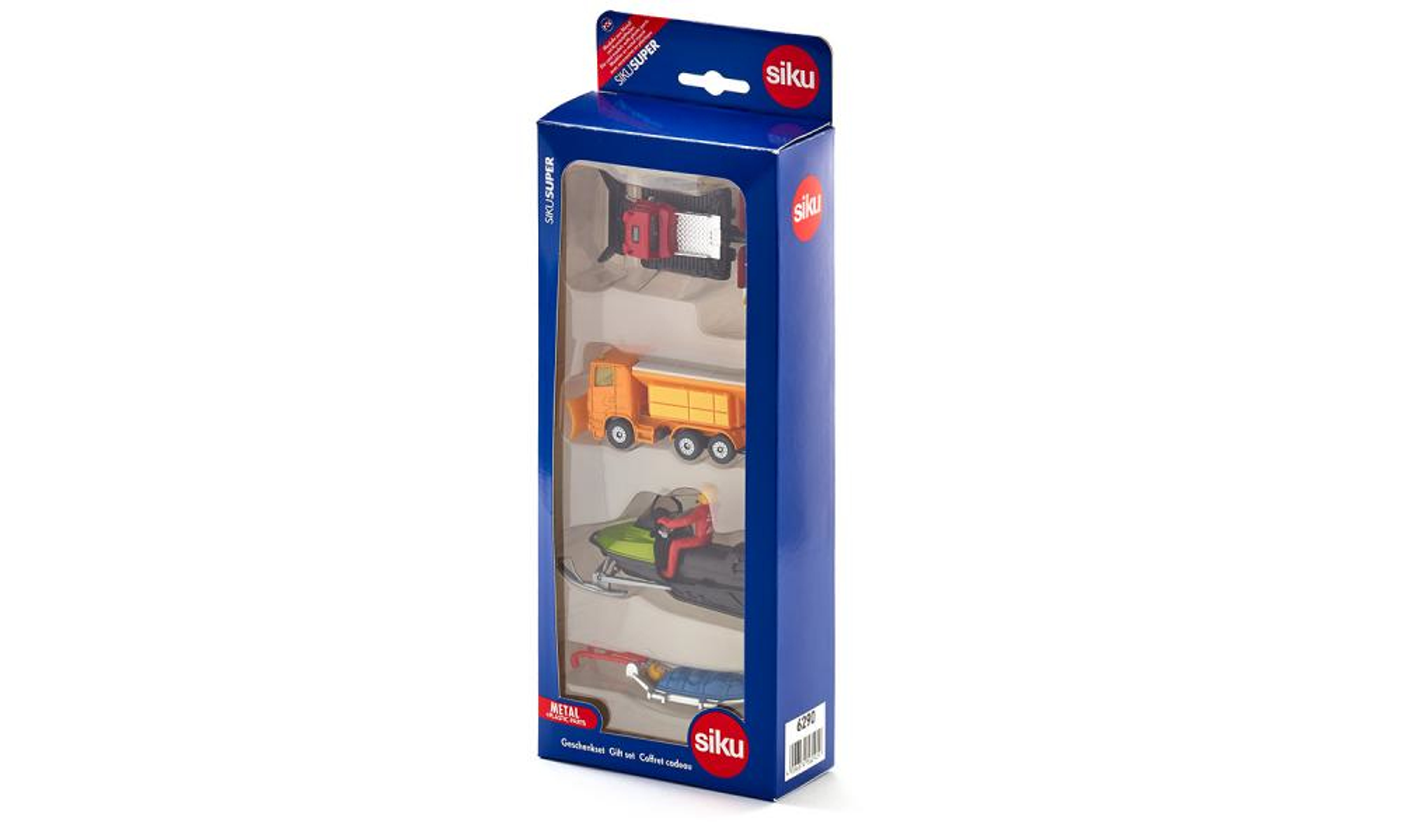 Eine Schachtel mit Spielzeug-Baufahrzeugen mit drei kleinen Spielzeugfahrzeugen im Inneren.