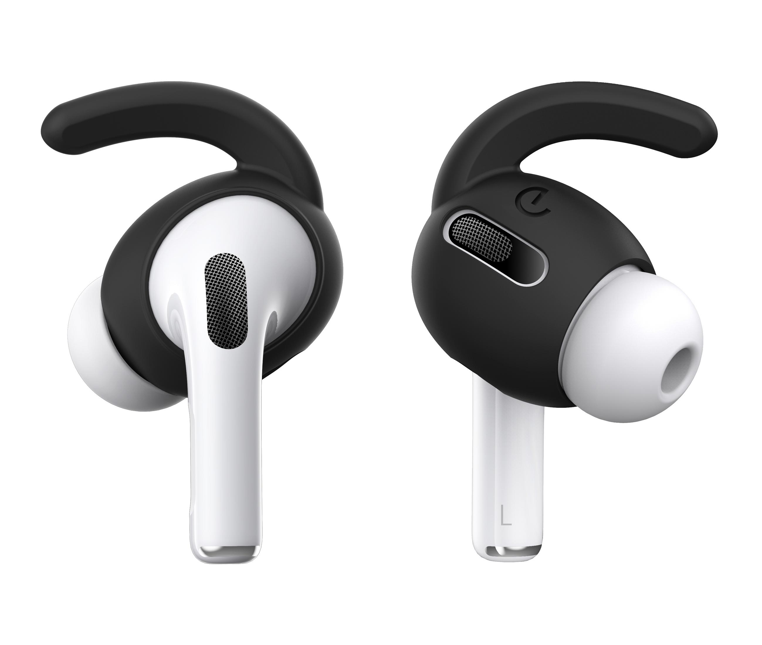 Zwei weiße AirPods mit schwarzen Ohrhaken, für optimalen Sitz abgewinkelt.