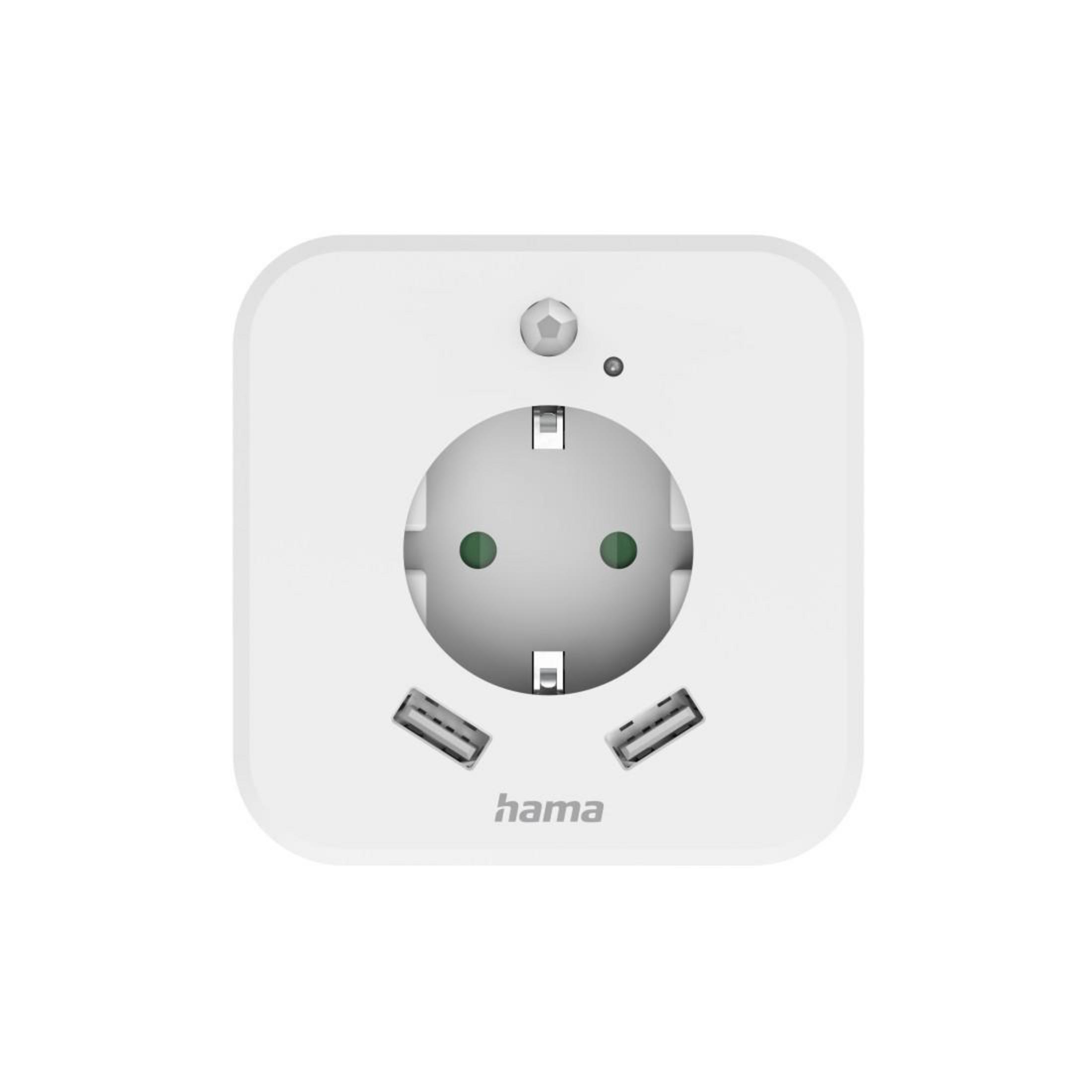 Weißer Smart Plug mit Steckdose und zwei USB-Anschlüssen. Hama ist die Marke.