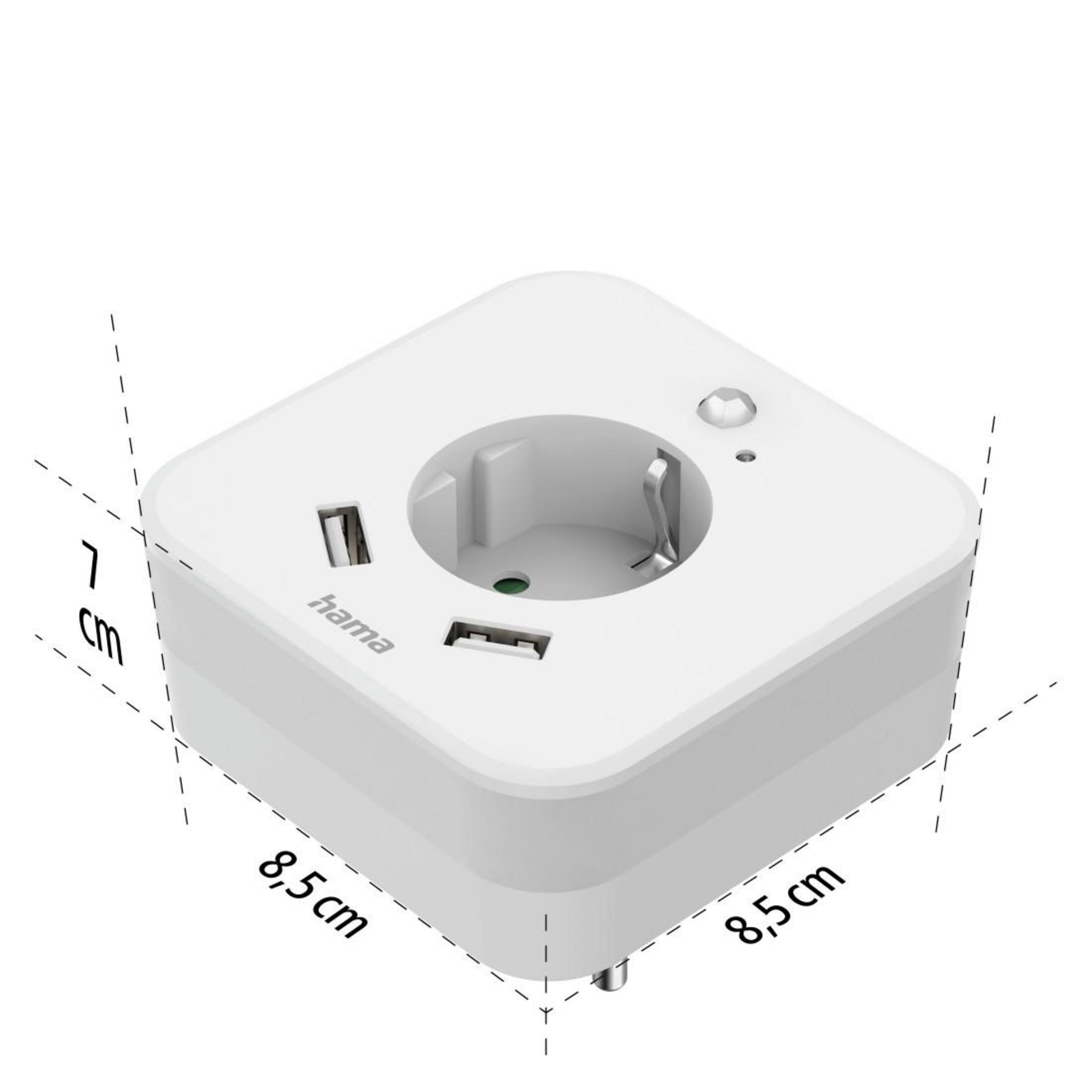 Ein weißer Netzadapter mit zwei USB-Anschlüssen und einer Steckdose, Maße gezeigt.