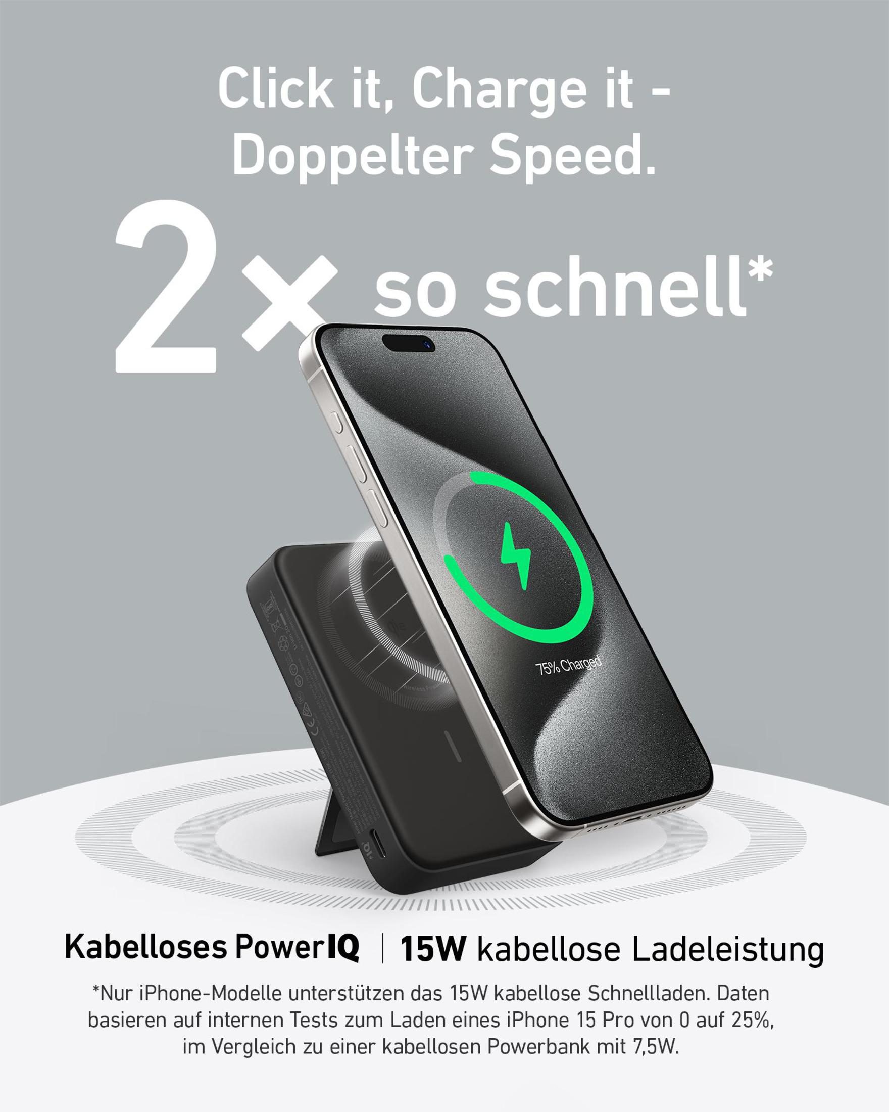 Een telefoon die oplaadt op een draadloze oplader, tekst over snel opladen.