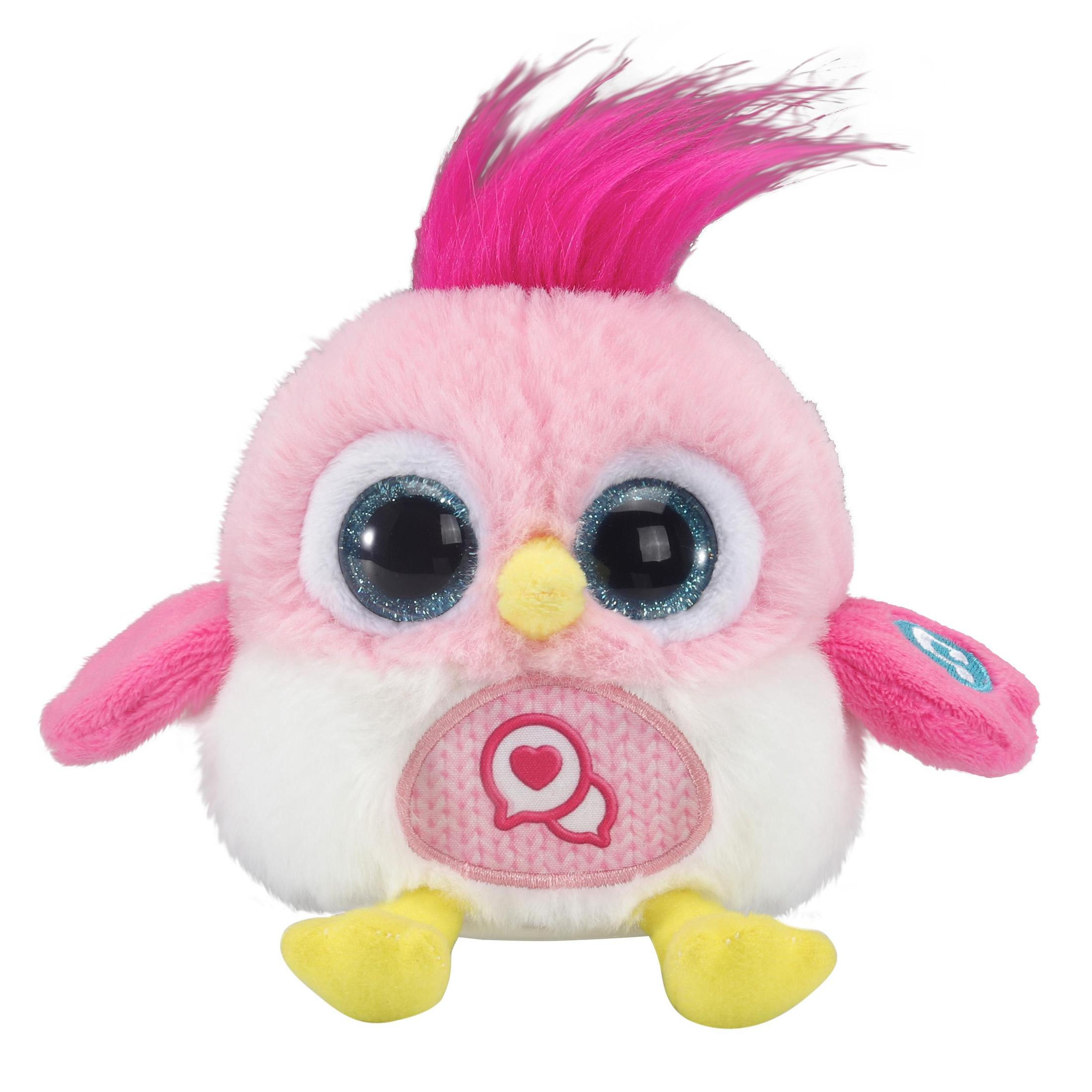 Ein rosa-weißes Plüschvogelspielzeug mit großen blauen Augen und einem rosa Haarschopf.
