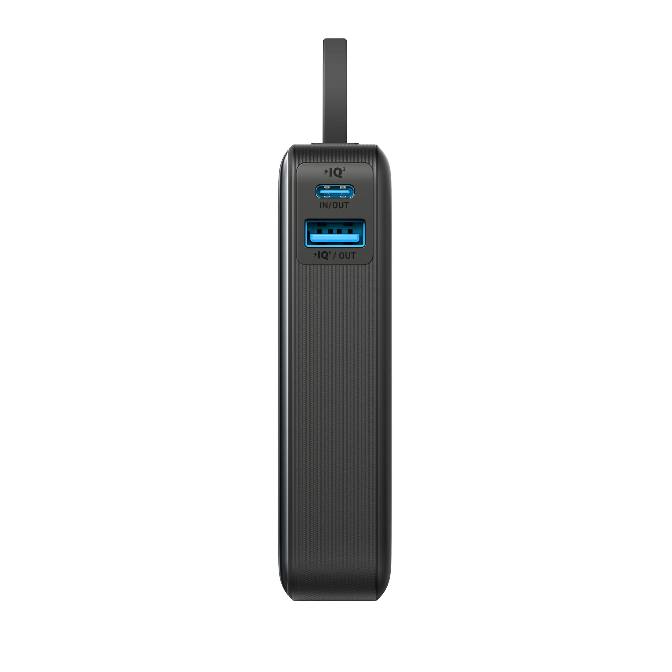 Batterie externe noire avec ports USB et poignée.
