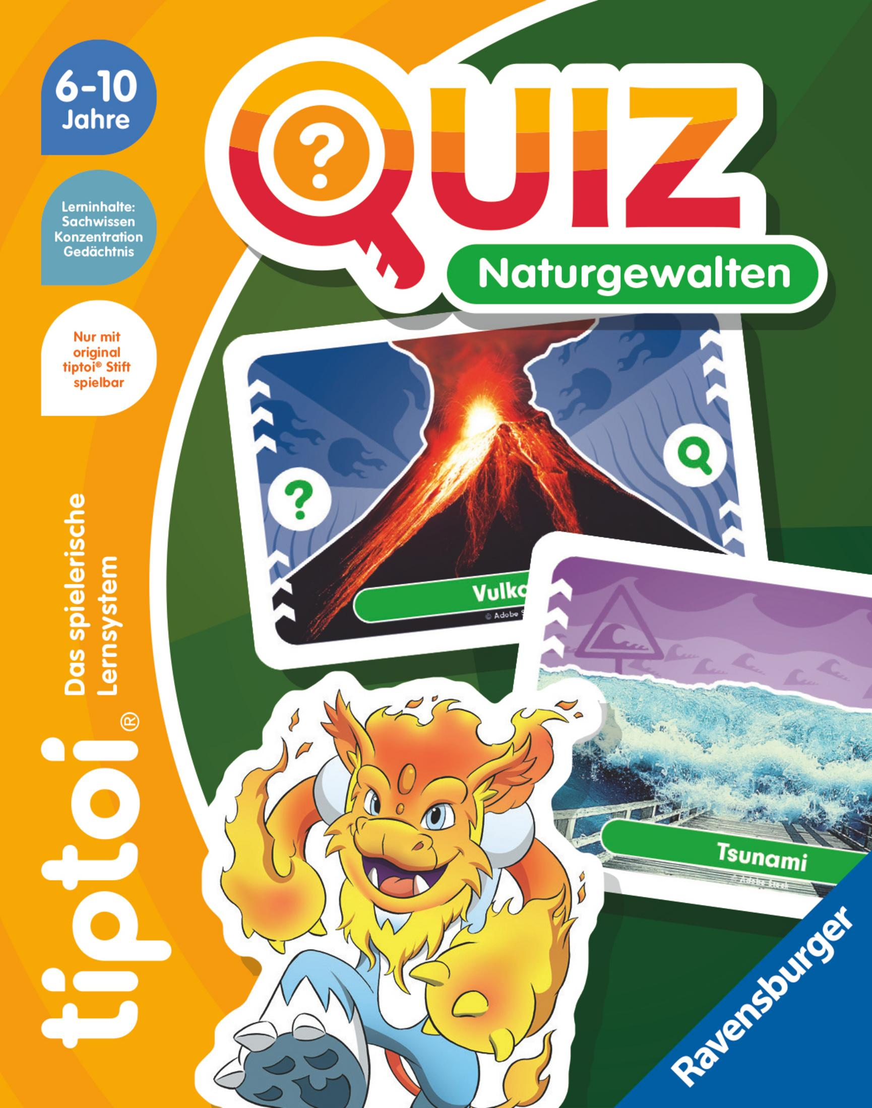 Scatola di un gioco a quiz con un vulcano e uno tsunami sulle carte, e un mostro dei cartoni animati. La parola QUIZ è in evidenza.