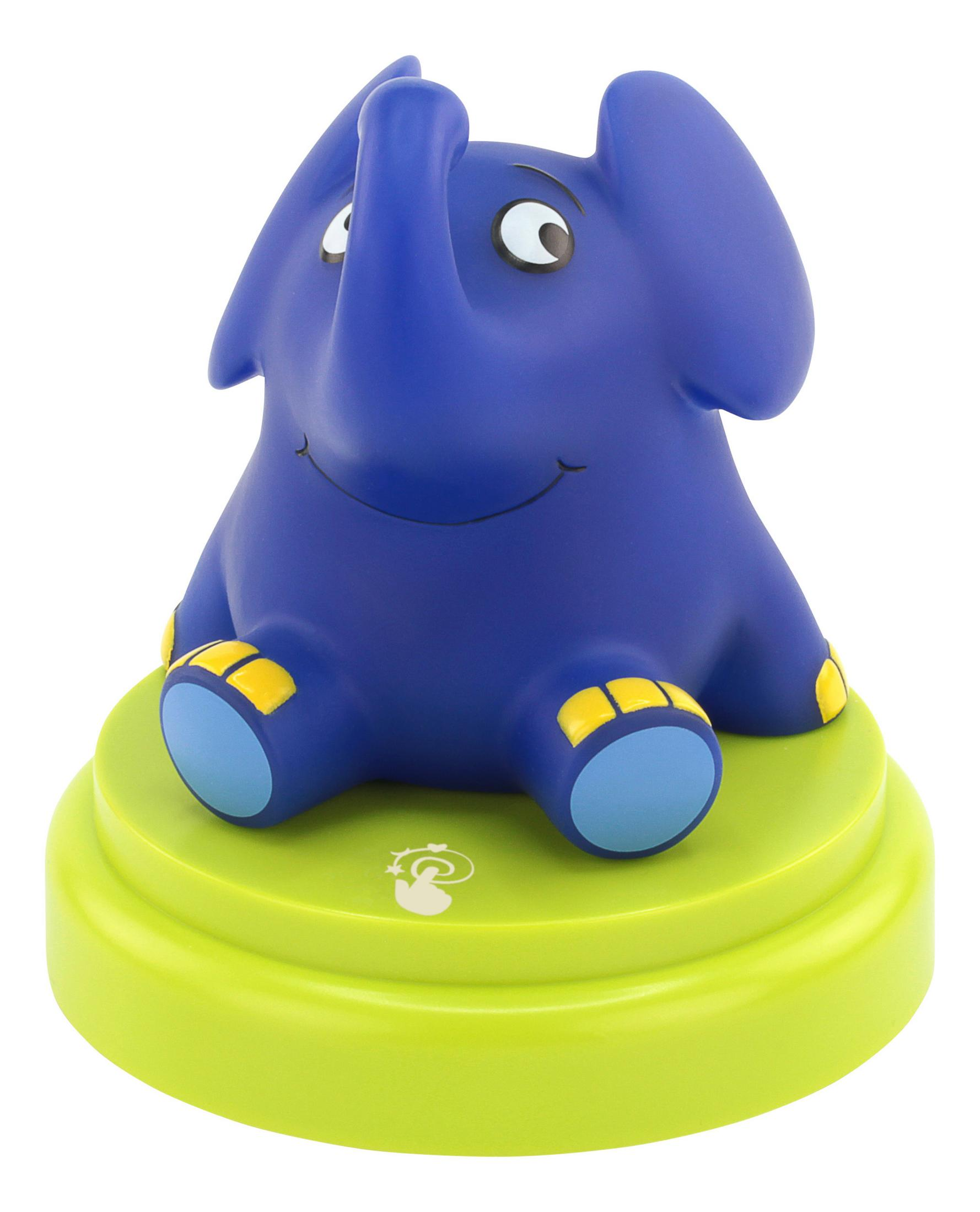 Blaues Elefanten-Spielzeug mit grünem Sockel. Der Elefant lächelt. Weißer Hintergrund, Cartoon-Stil.