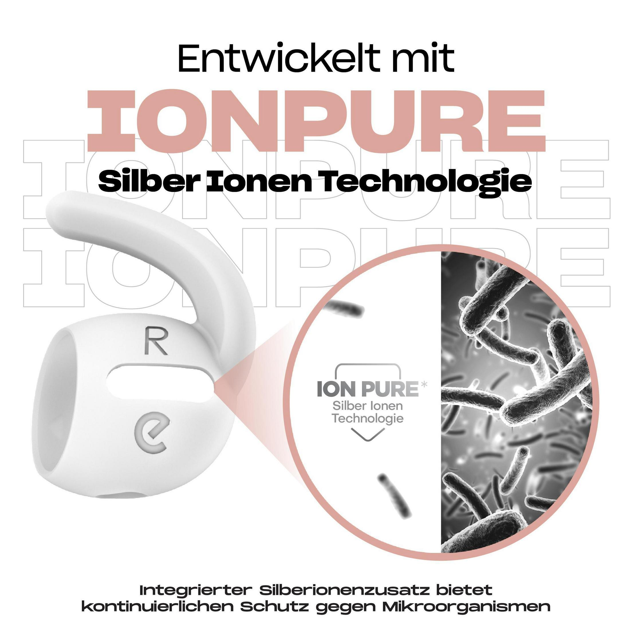 Ohrhörer mit Silberionen-Technologie und Diagramm von Mikroorganismen.