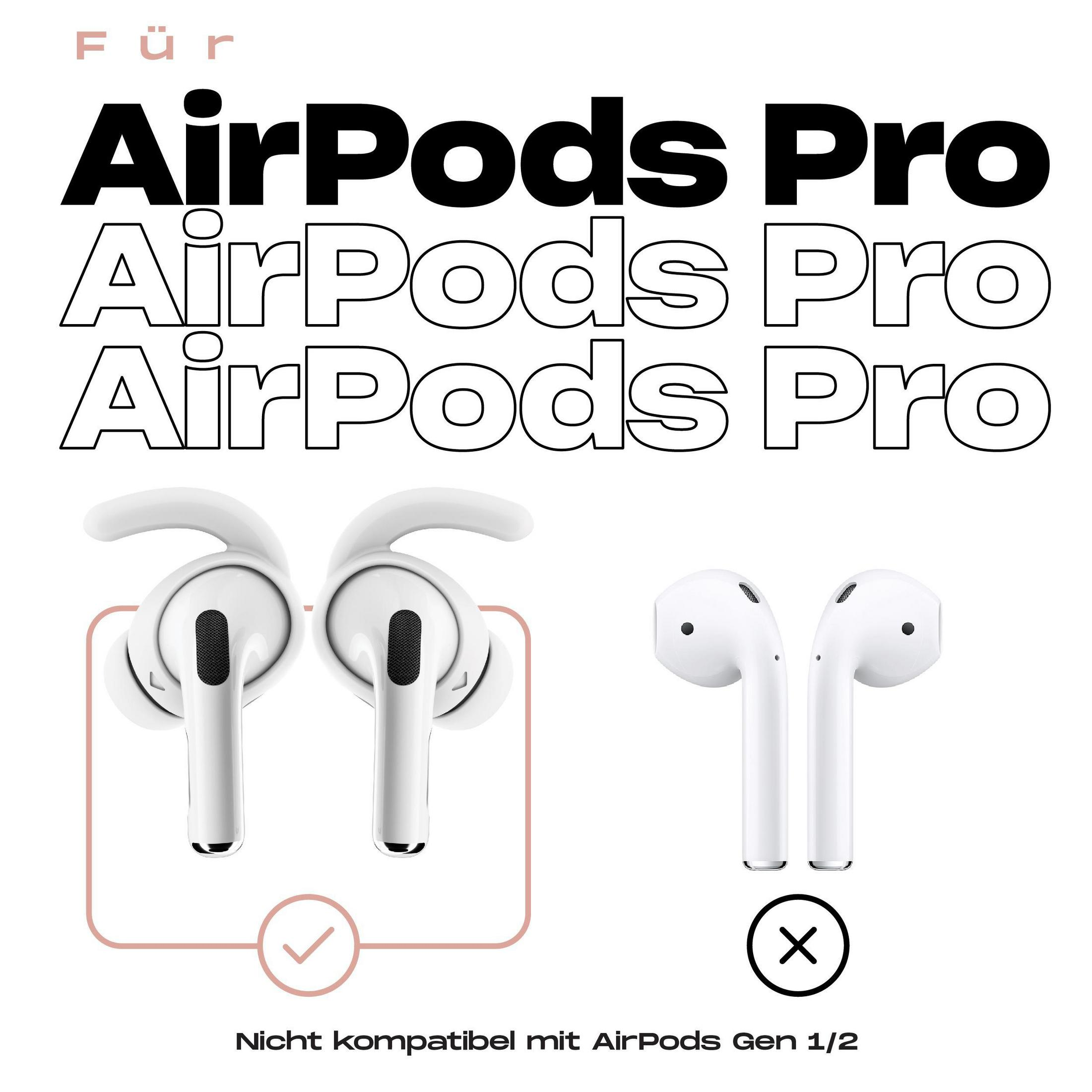 Weiße AirPods Pro mit Ohrhaken neben einem Paar AirPods. Text: Nicht kompatibel.