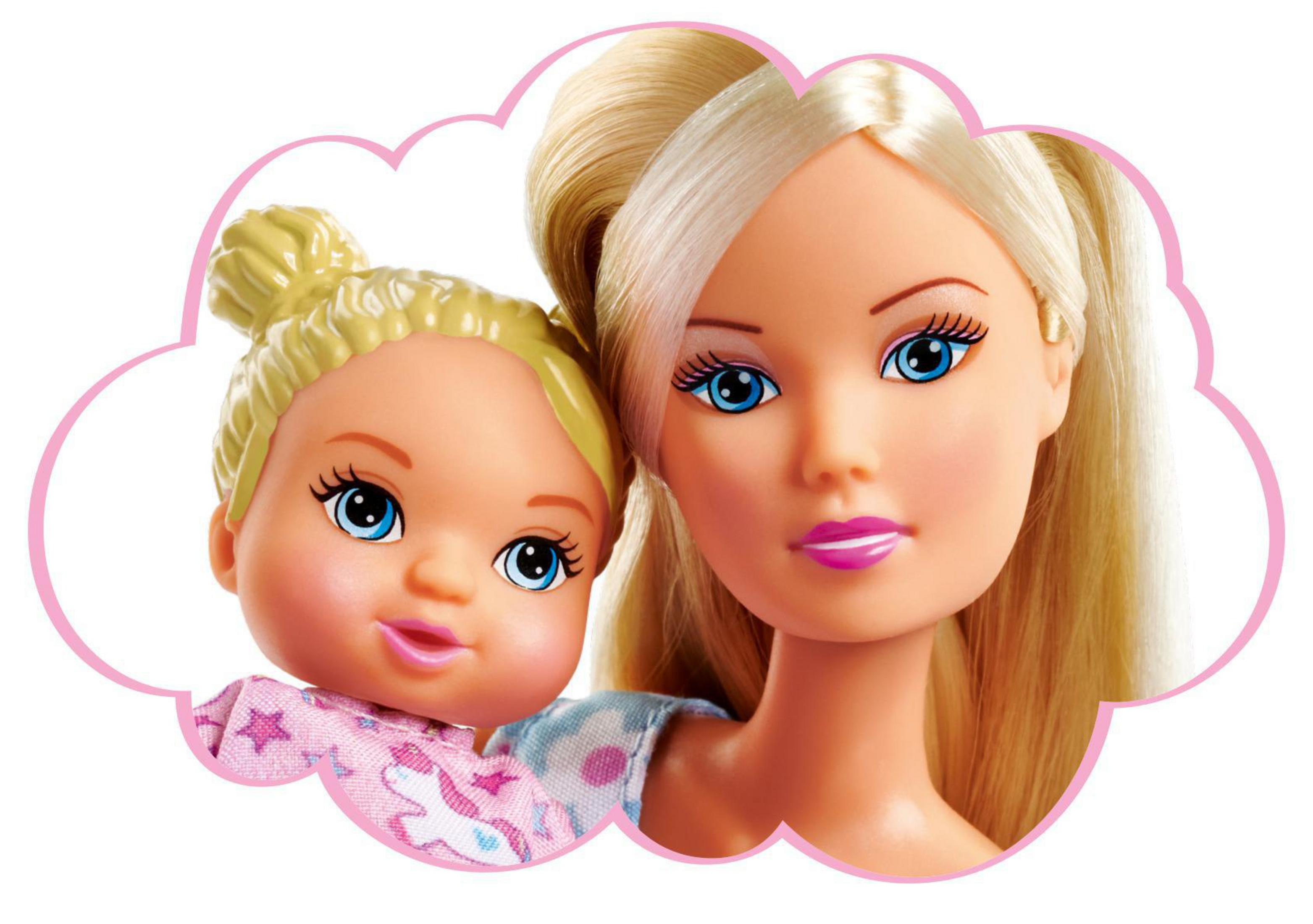 Zwei Barbie-Puppen. Eine ist ein Baby, eine ist eine Frau. Sie sind in einem rosa Rahmen.