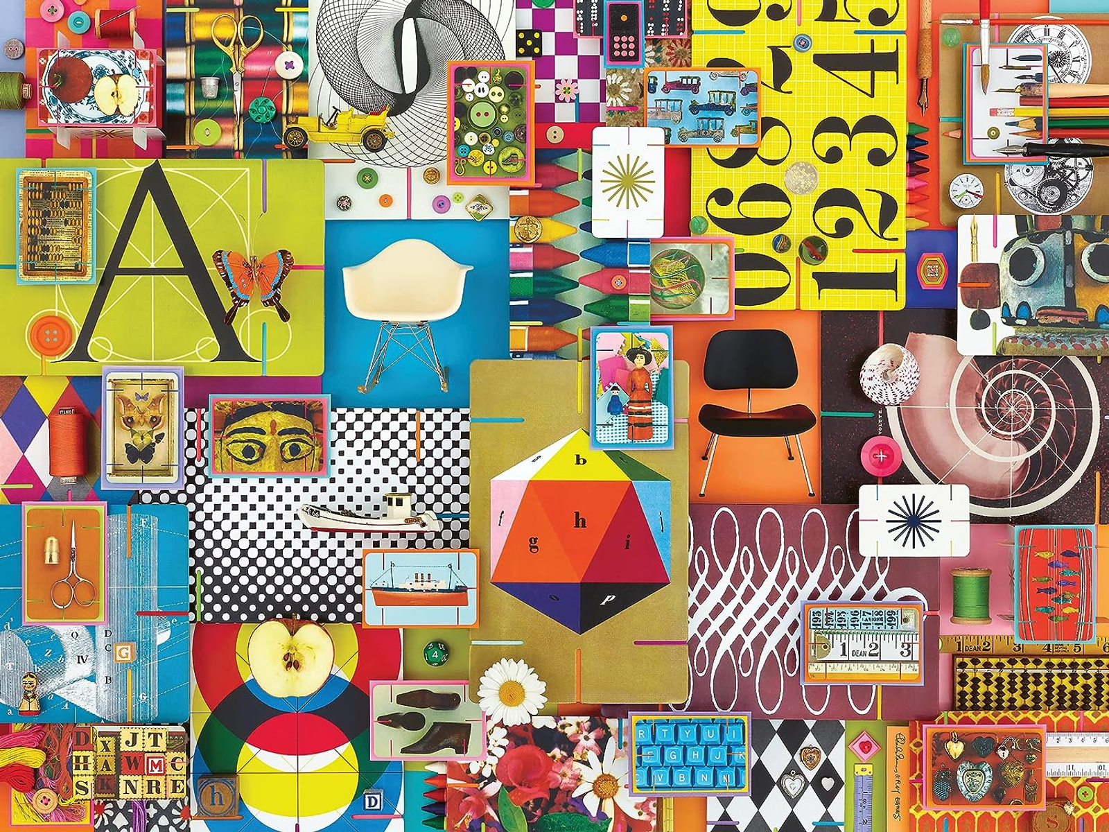 Kolaż różnych obiektów. Zawiera krzesło, elementy układanki i sztukę. Tło jest kolorowe.