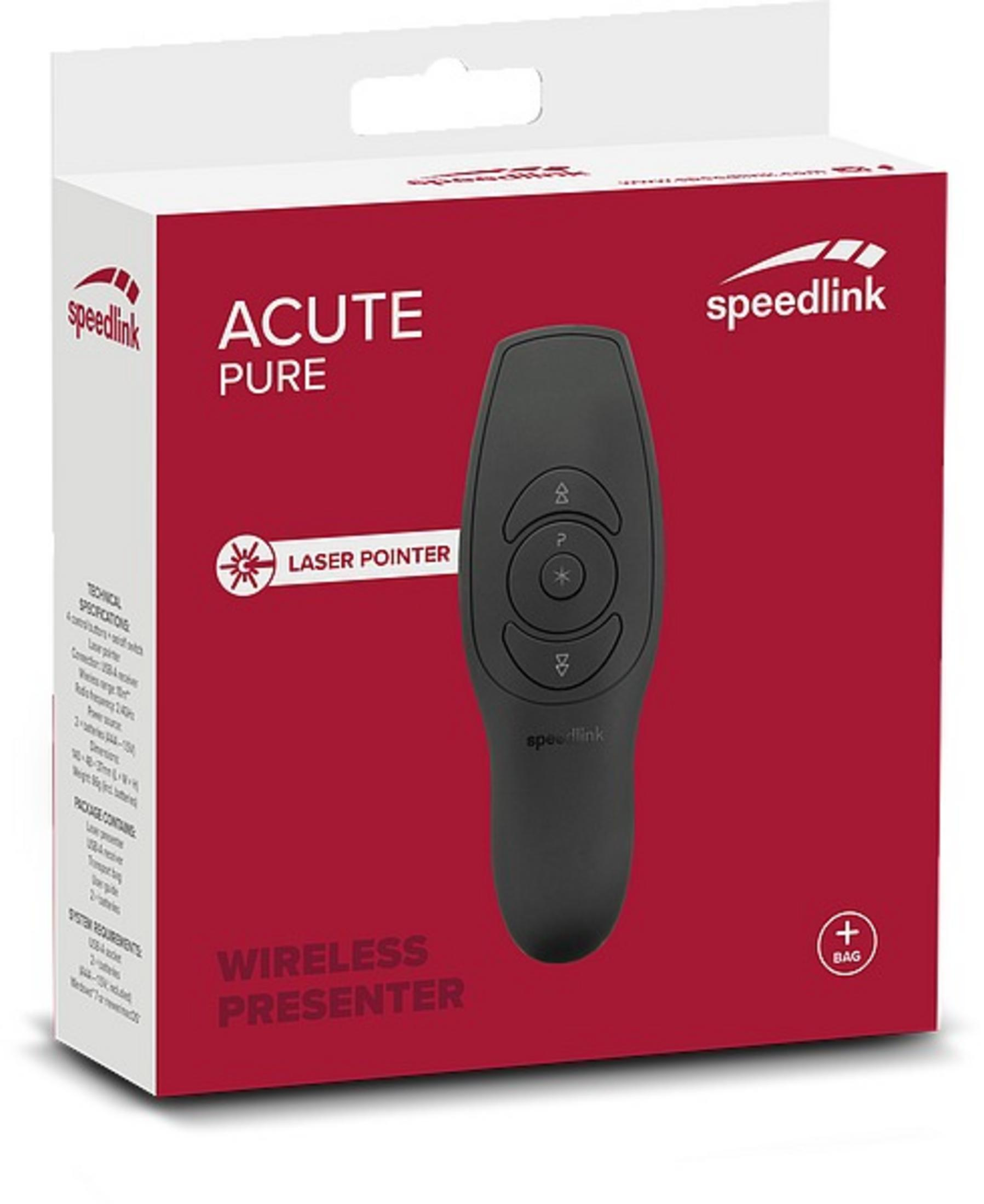 Box mit schwarzer Fernbedienung 'ACUTE PURE LASER POINTER WIRELESS PRESENTER' von Speedlink.