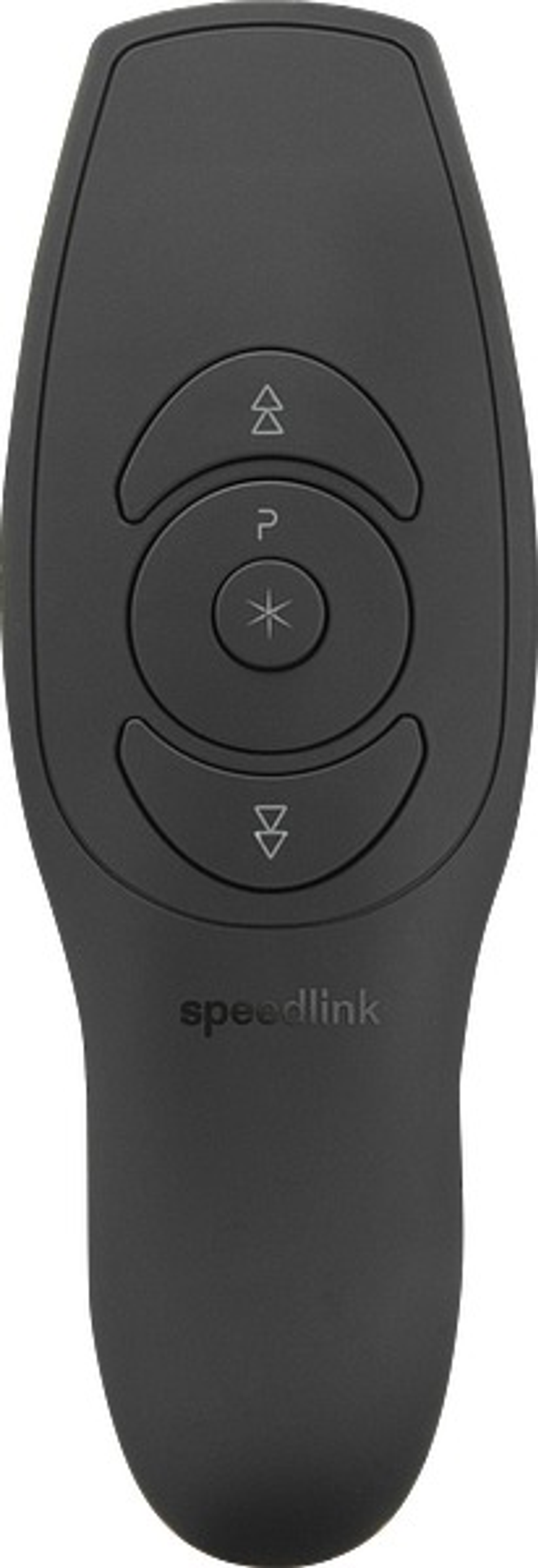 Schwarze Fernbedienung mit Tasten und Speedlink-Logo auf weißem Hintergrund.