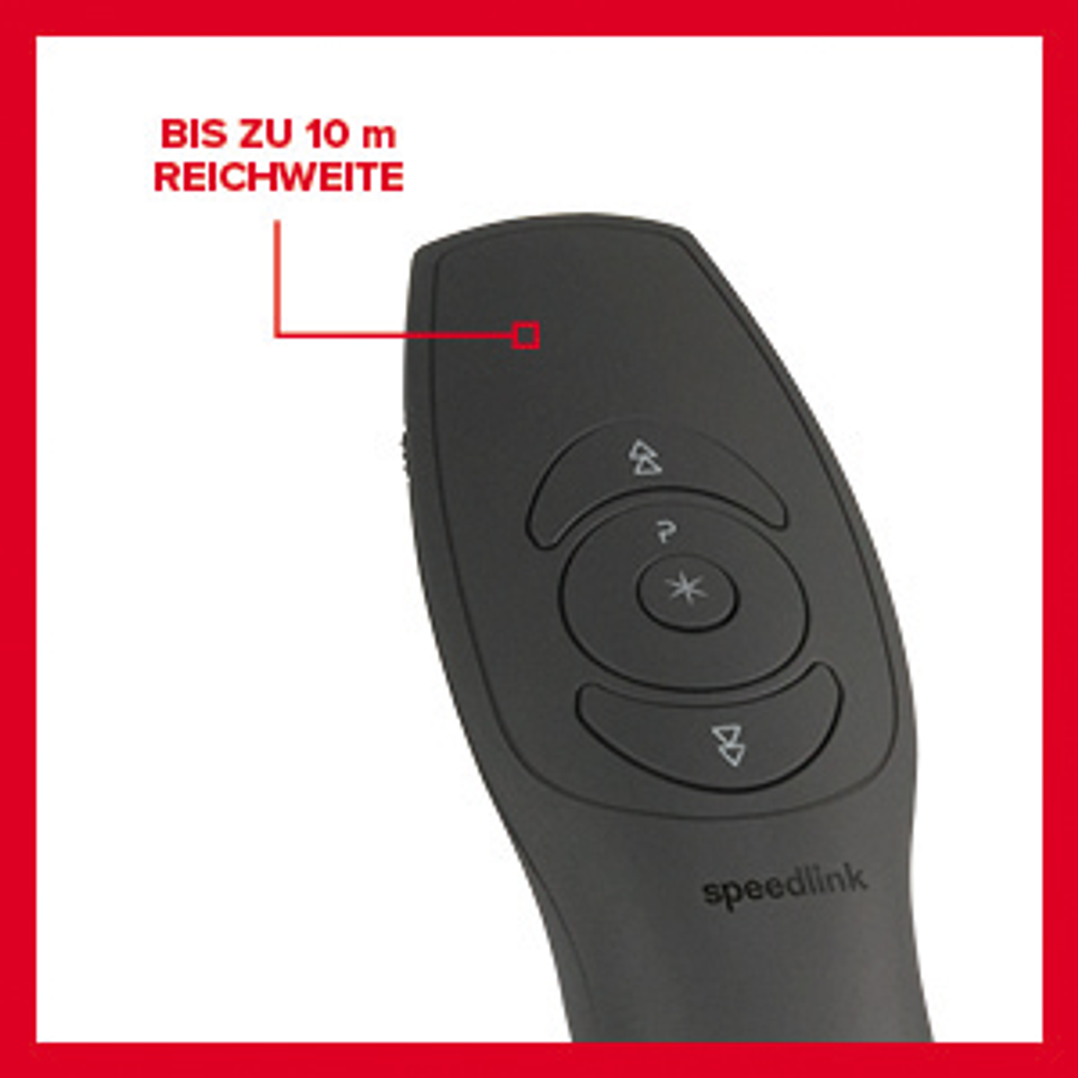 Nahaufnahme einer schwarzen Fernbedienung mit Text: 'BIS ZU 10 m REICHWEITE' auf rotem Hintergrund.