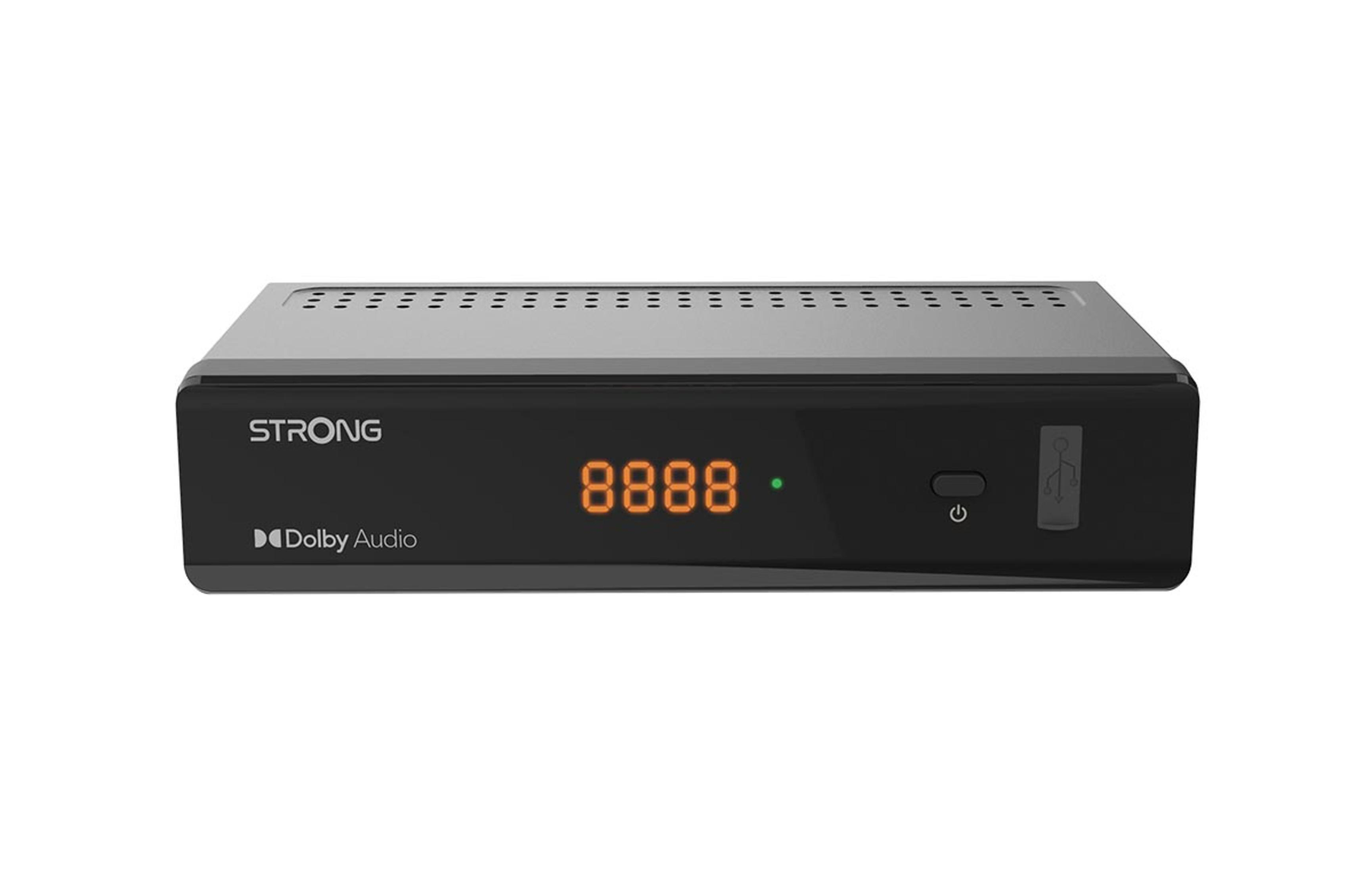 Ein schwarzer Strong Digital-Receiver mit einer orangefarbenen Anzeige, die "8888" zeigt, auf weißem Untergrund.