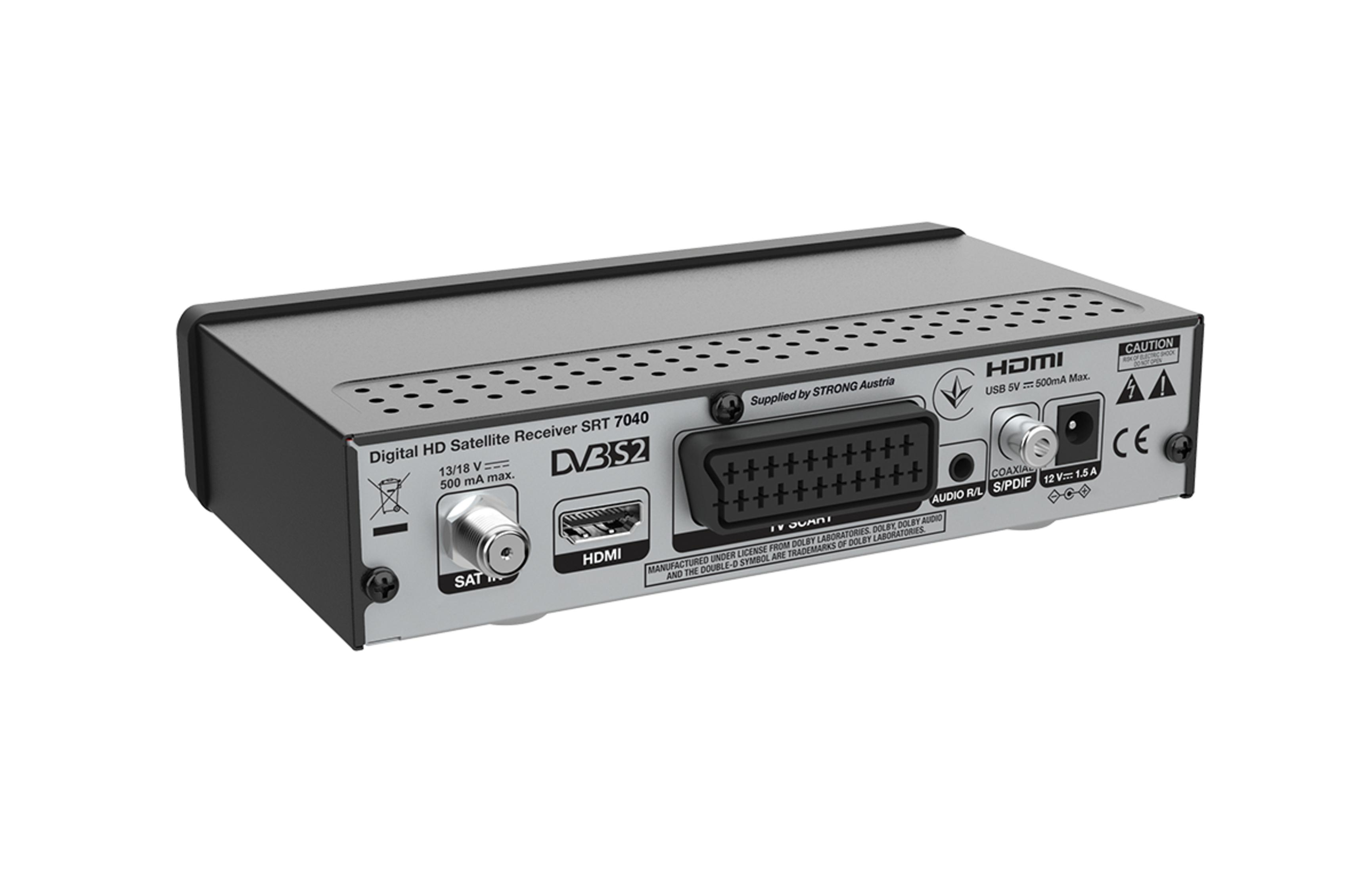 Schwarz-grauer digitaler HD-Satellitenreceiver mit mehreren Anschlüssen und Beschriftungen.