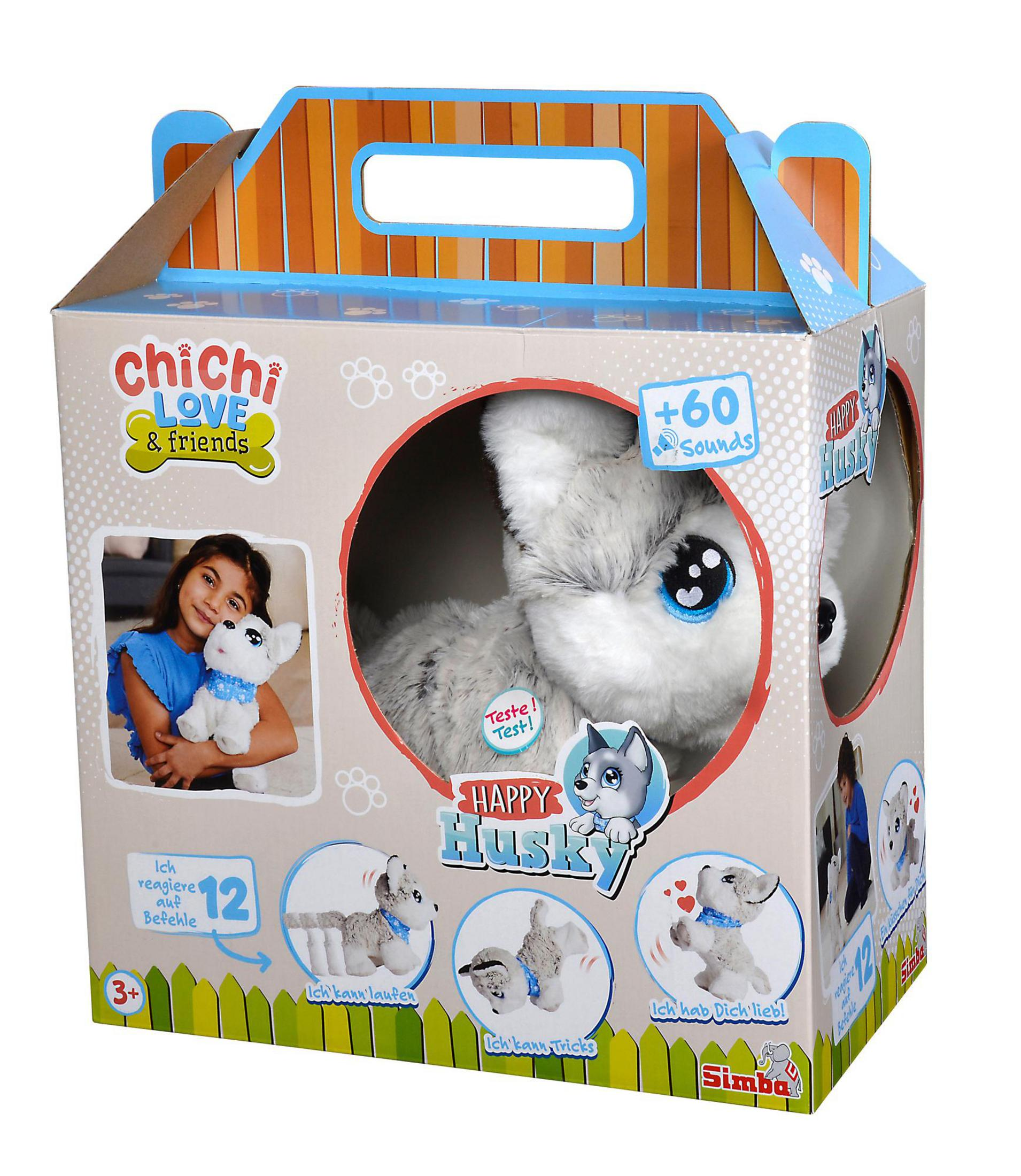 Ein Chi Chi Love Spielzeug-Hund in einer Box. Ein Mädchen hält einen ähnlichen Spielzeug-Hund.