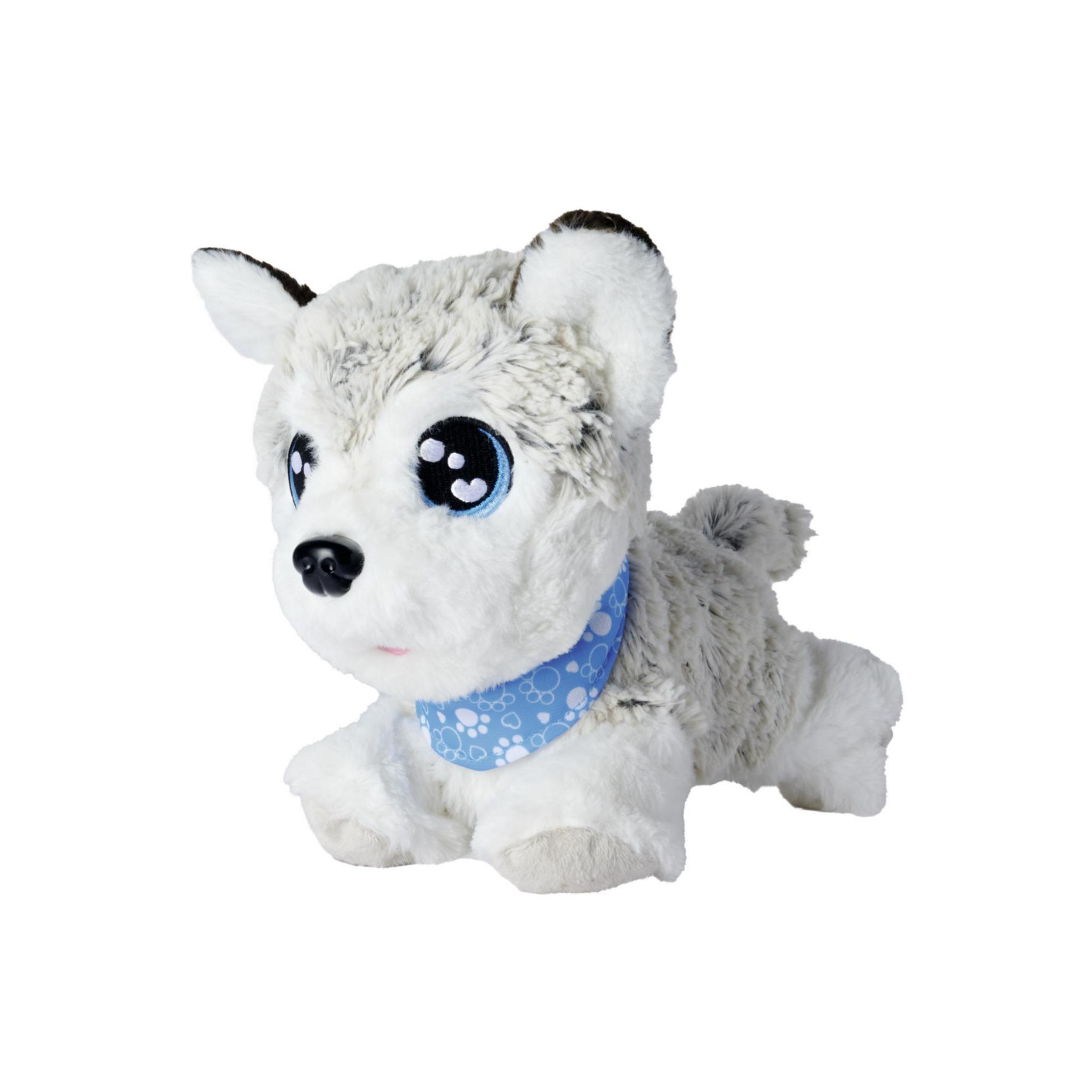 Ein Plüsch-Husky-Welpenspielzeug mit blauem Halstuch auf weißem Hintergrund.