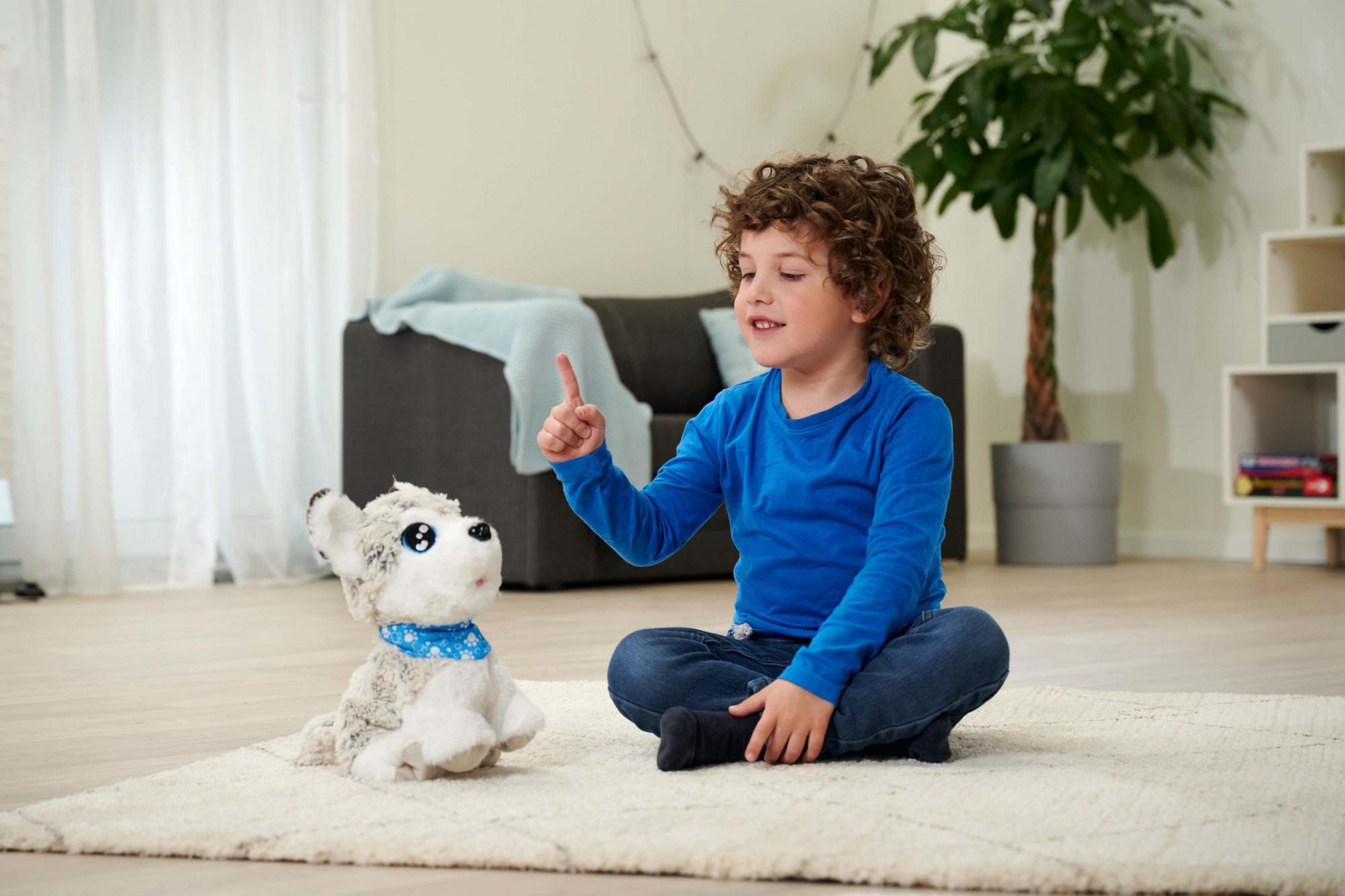 Ein Junge sitzt mit einem Plüsch-Husky-Spielzeug. Der Junge hebt einen Finger. Im Hintergrund Sofa, Teppich, Pflanzen.
