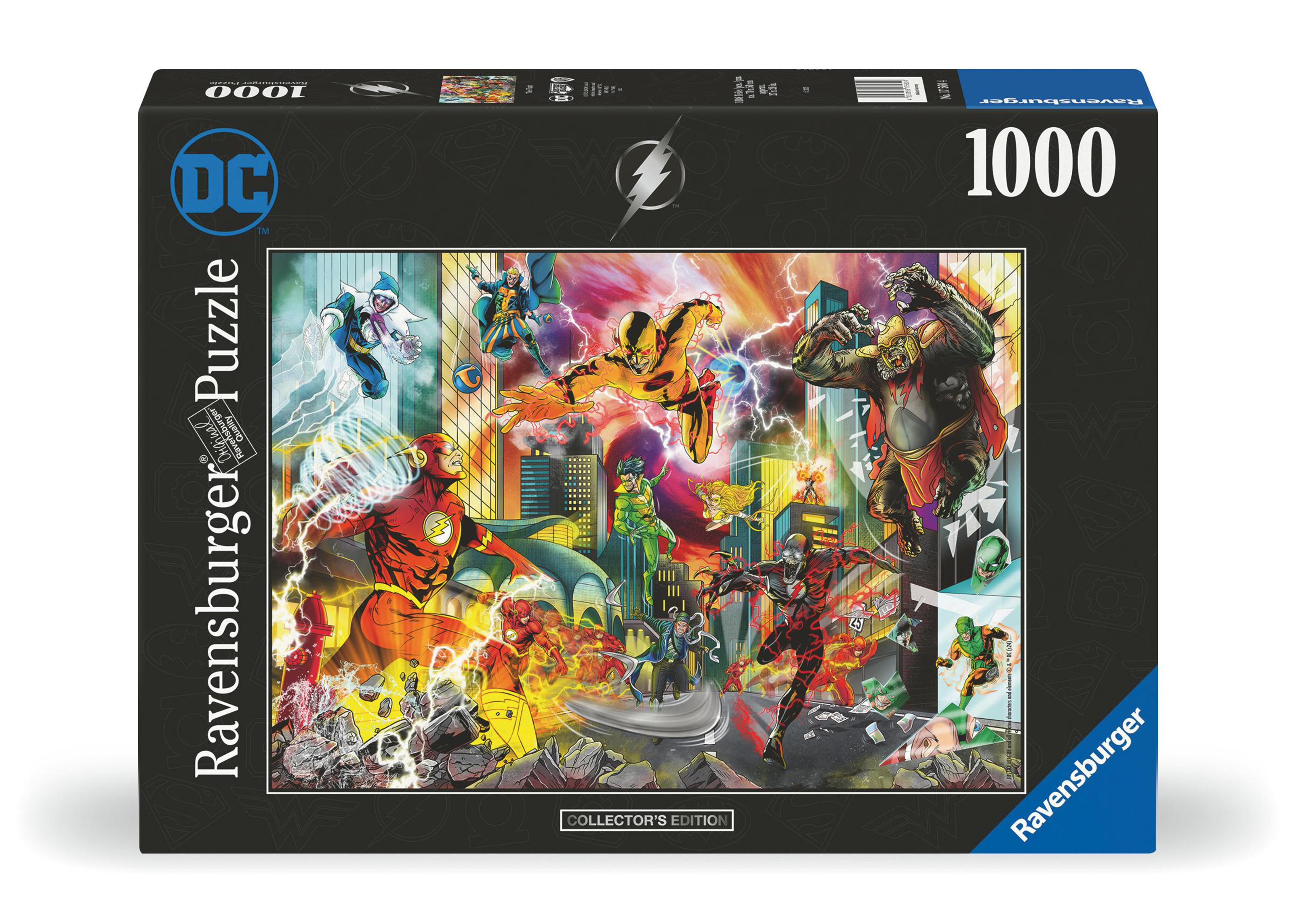 Eine DC Comics Flash-Puzzle-Box mit einer bunten Collage von Charakteren.