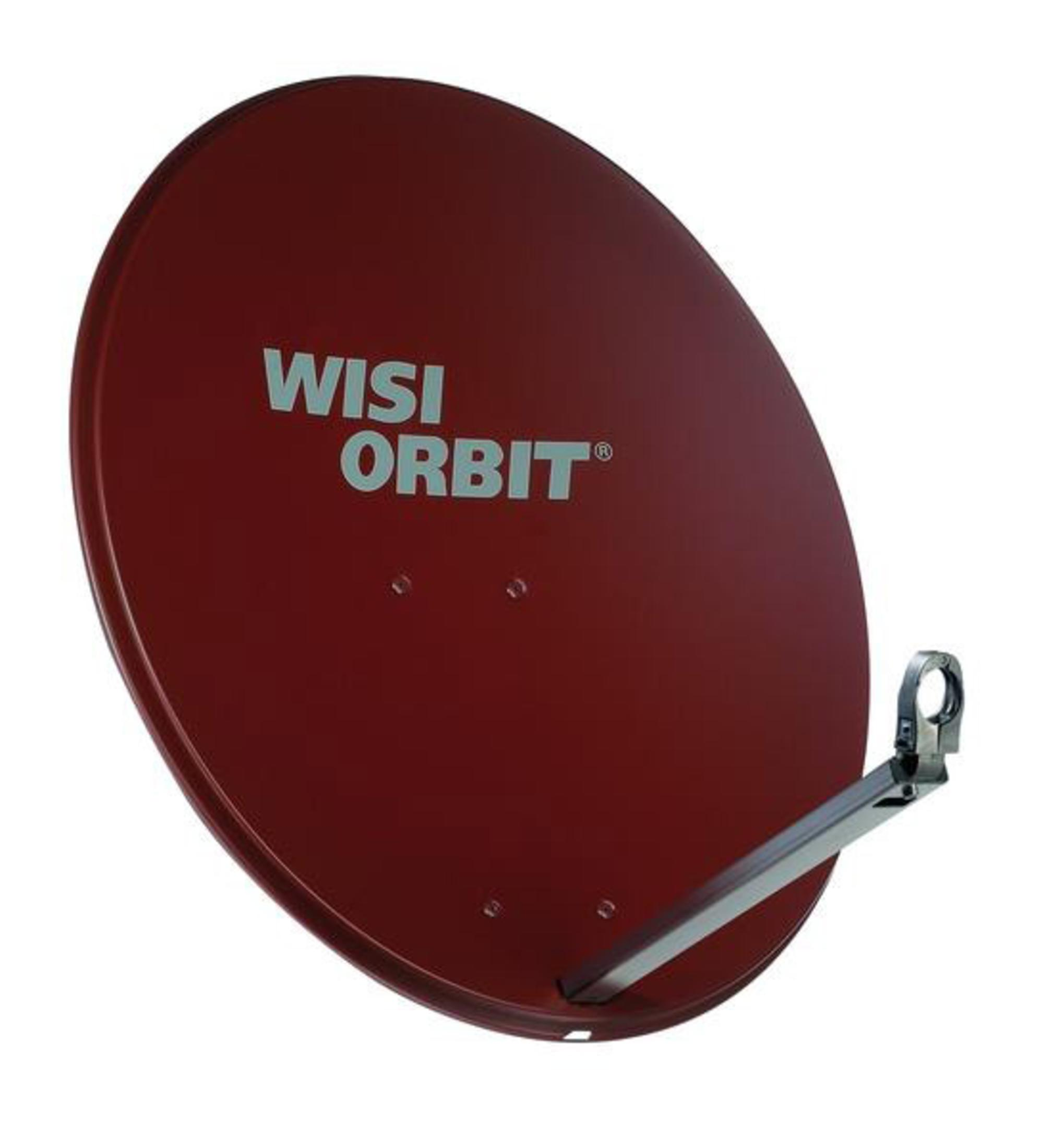 Roter Satellitenspiegel mit dem Logo 'Wisi Orbit' und einem Metallarm. Der Teller ist auf weißem Hintergrund.