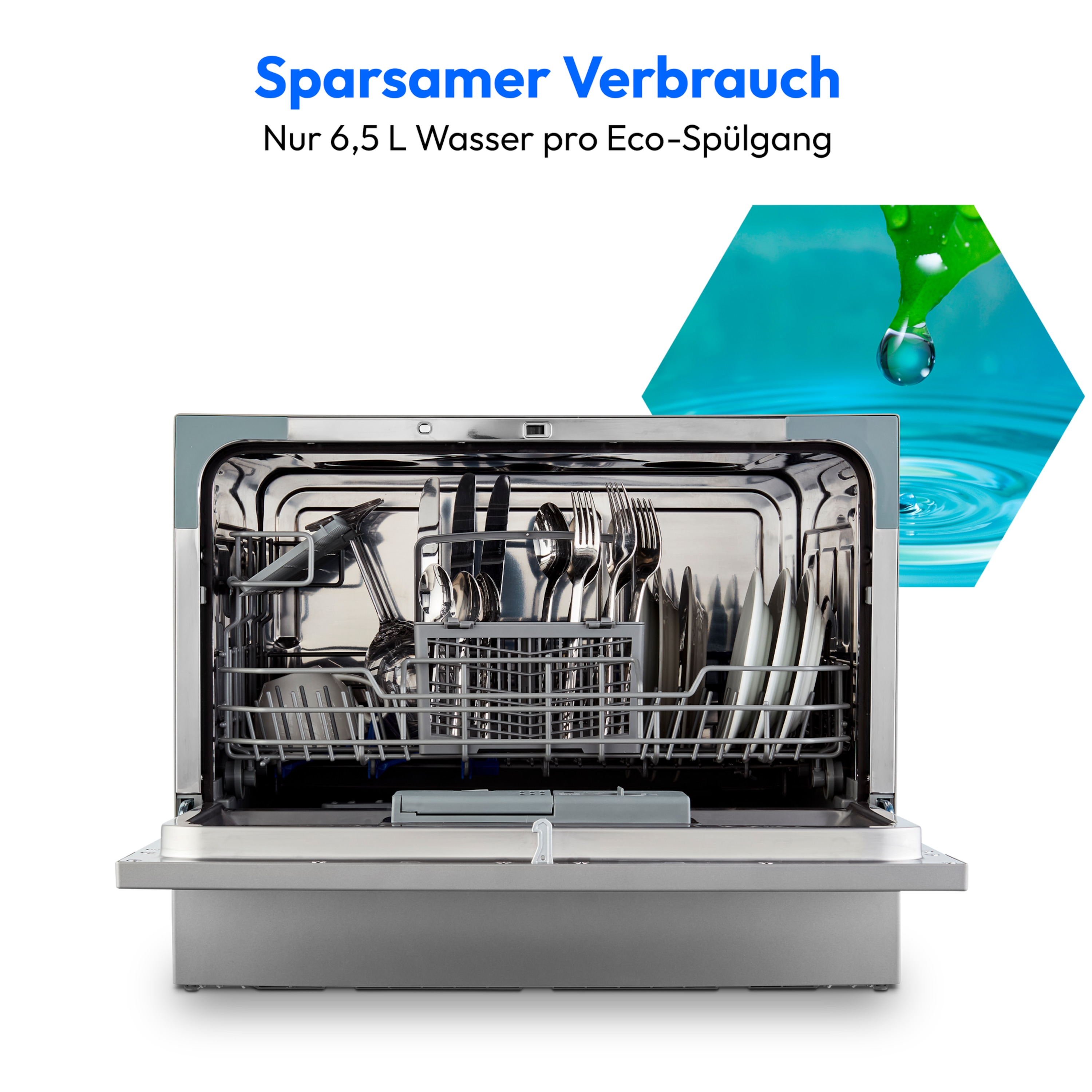 Geschirrspüler-Innenraum mit Besteck, Geschirr und Textfeld auf der rechten Seite.