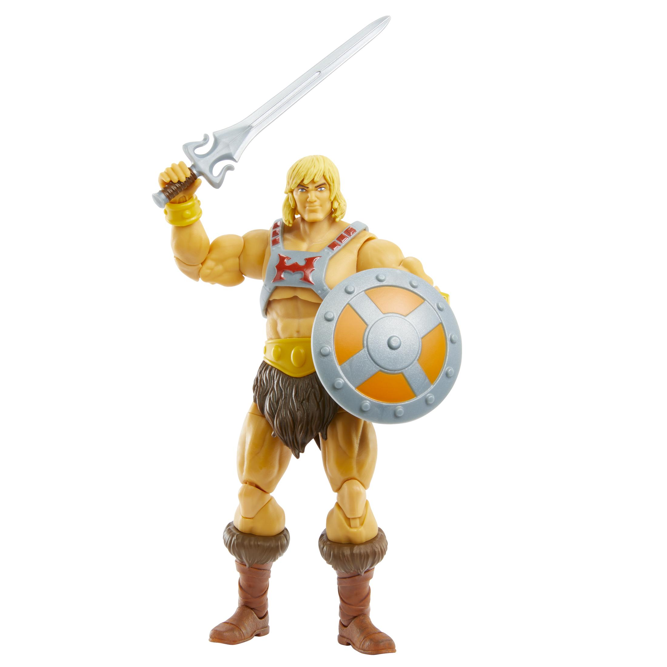 Figura de acción de He-Man sosteniendo espada y escudo.