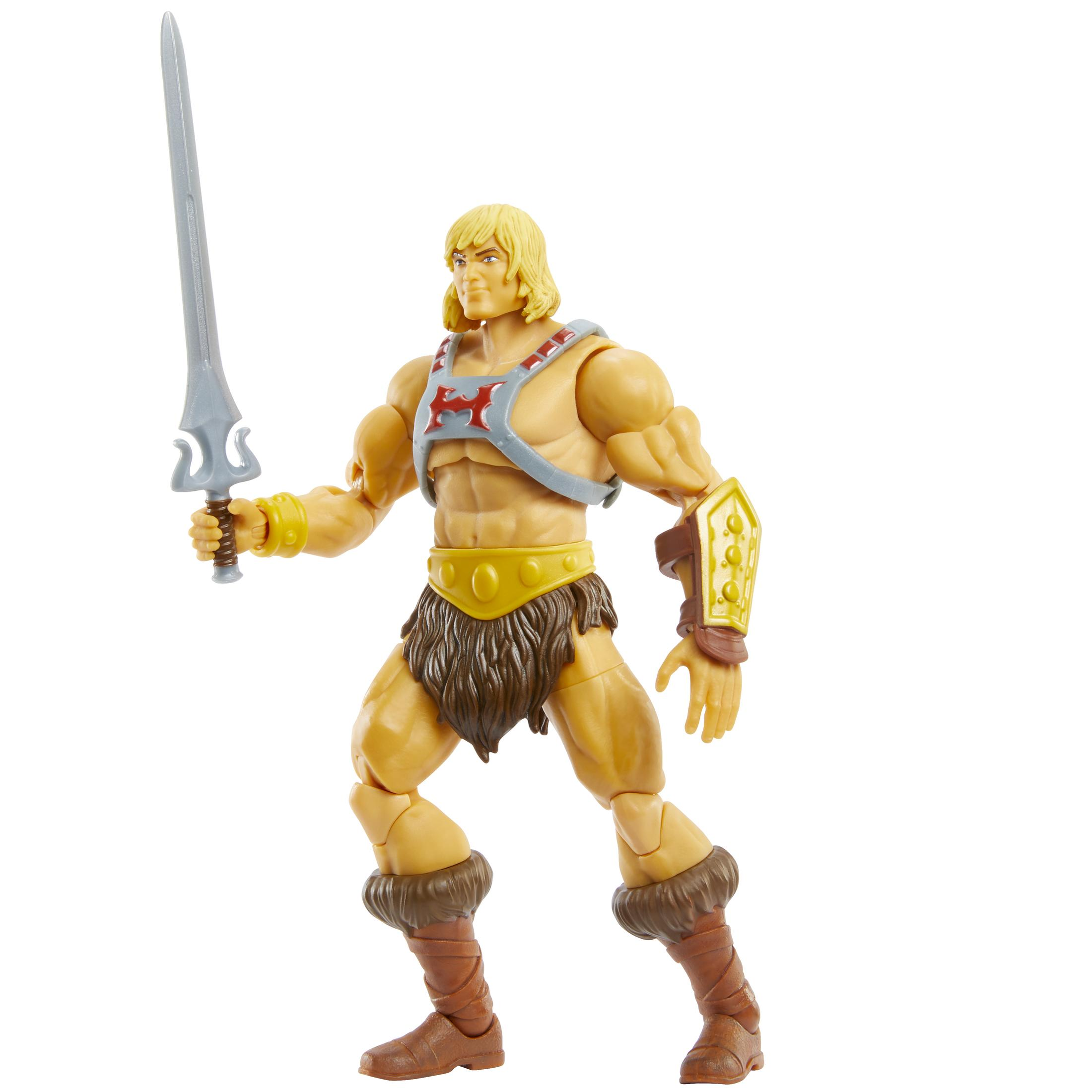 Figura de acción de He-Man con espada y armadura, musculoso, sobre fondo blanco.