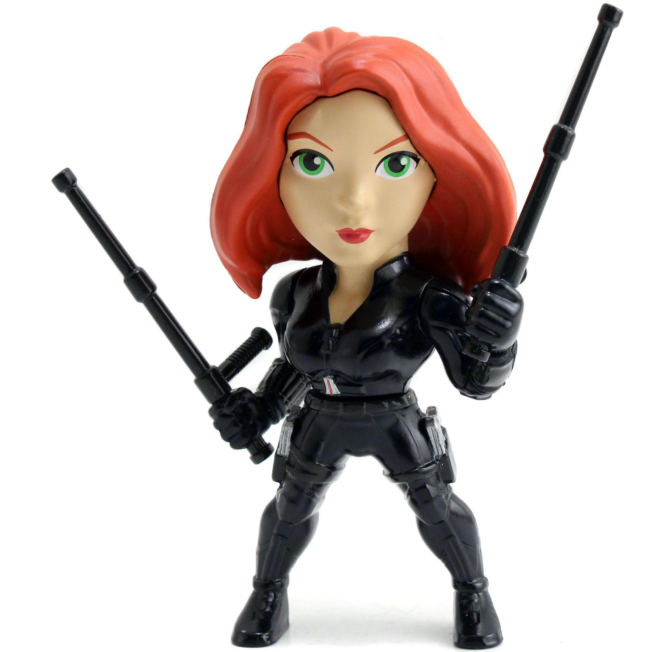 Black Widow Actionfigur mit rotem Haar, die Schlagstöcke hält, zum Kampf bereit.