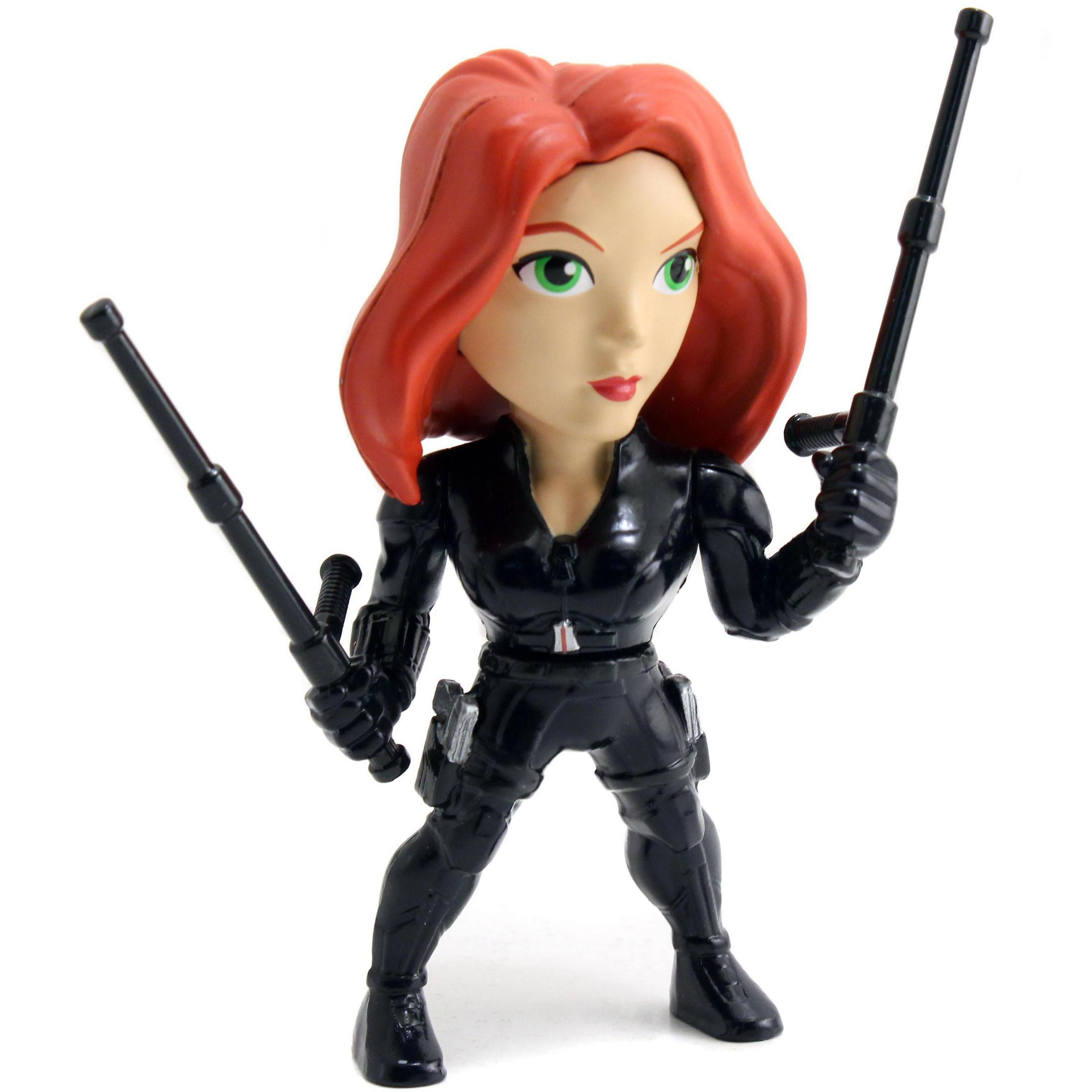 Black Widow Figur. Die Figur ist eine Cartoon-Version des Charakters, die zwei Schlagstöcke hält.