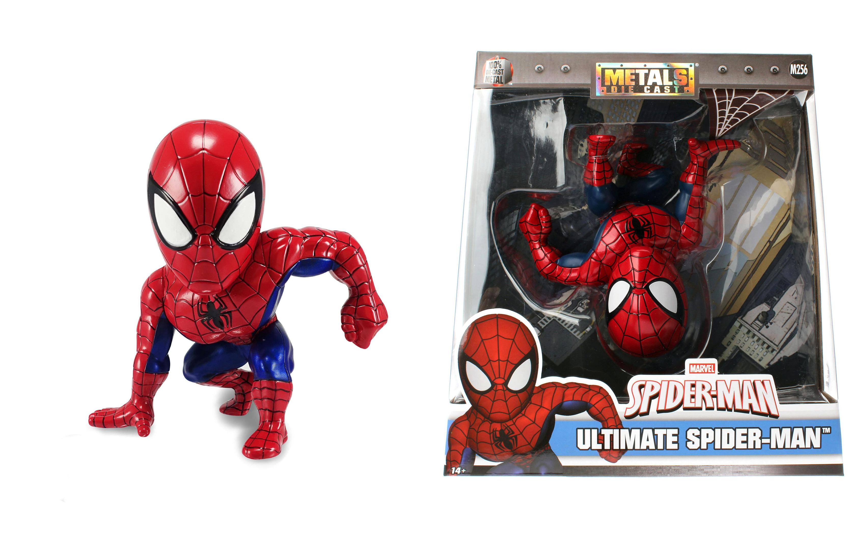 Eine Spider-Man-Figur und eine verpackte Version in einer Box, vor weißem Hintergrund.