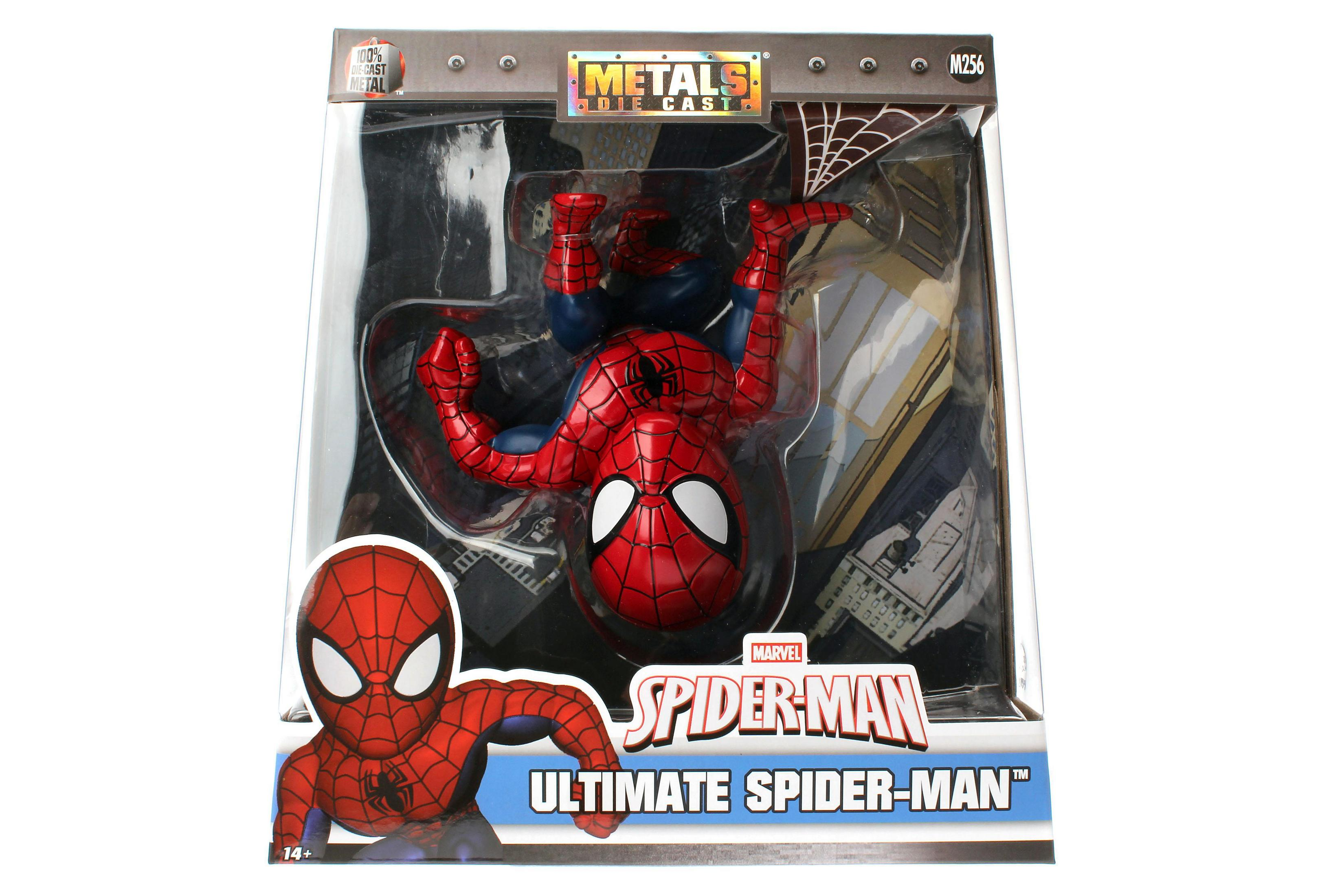 Ein Spielzeug-Spider-Man in einer Box. Die Figur ist kopfüber.