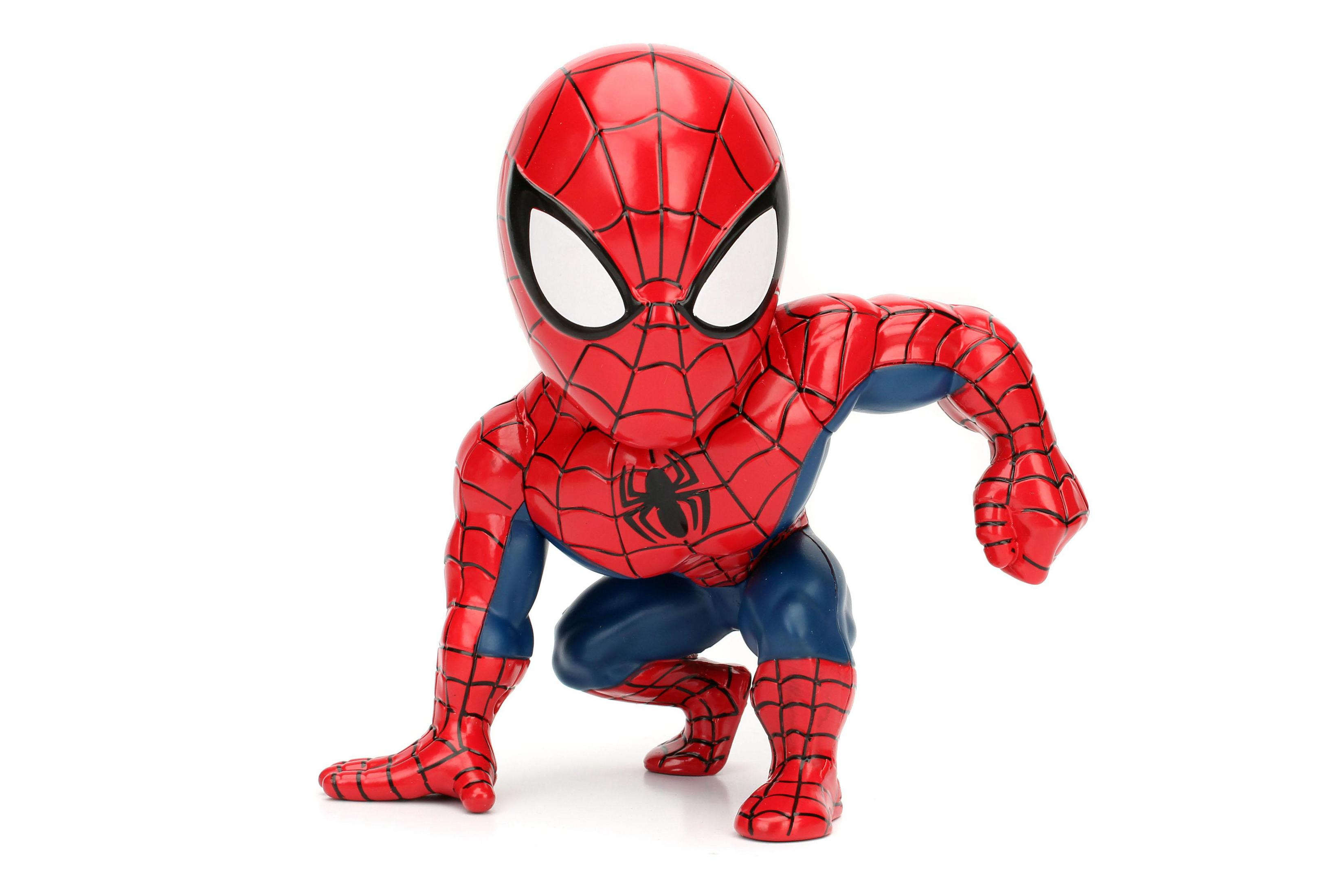Spider-Man-Figur in geduckter Pose, rot und blau.