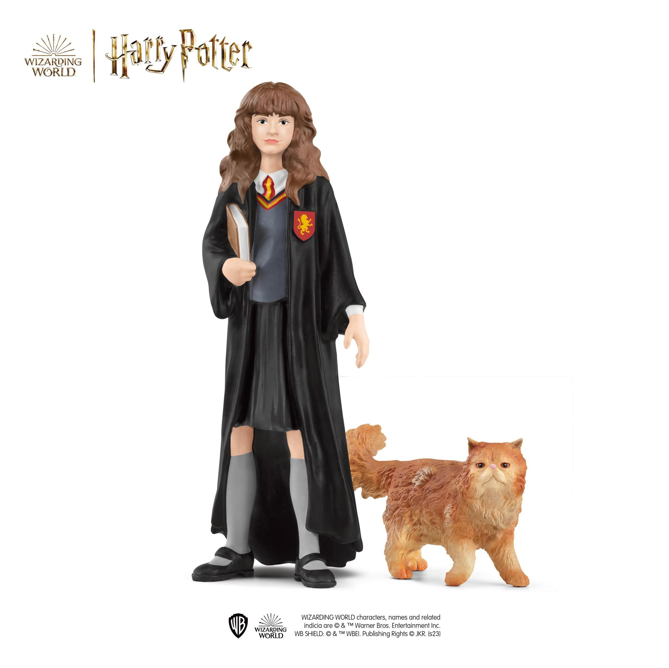 Personaggio di Hermione Granger di Harry Potter, con un libro in mano. Un gatto è accanto a lei. Sfondo bianco.