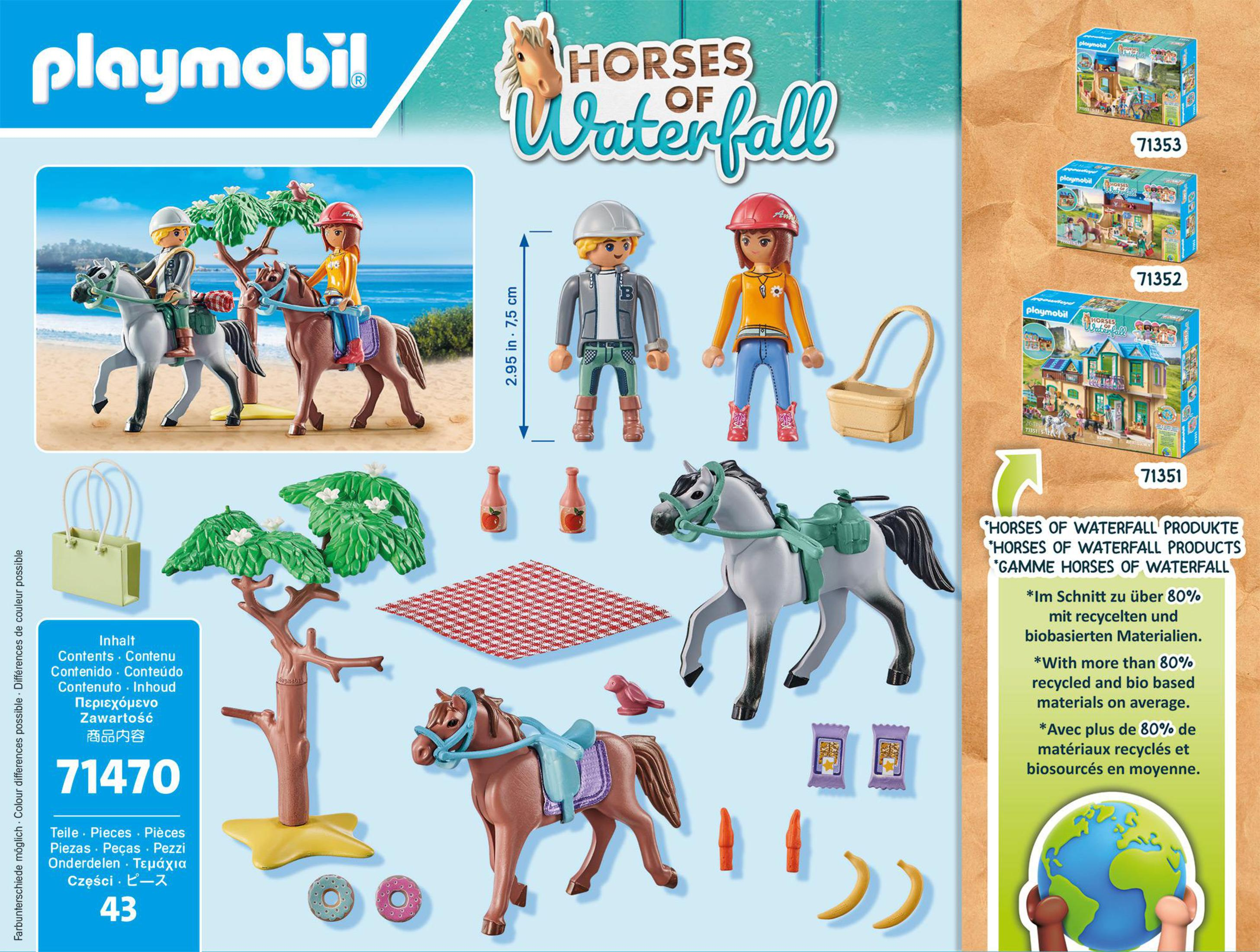 Set Playmobil: figuras en caballos, accesorios y texto. Fondo: escena playera, cielo azul.